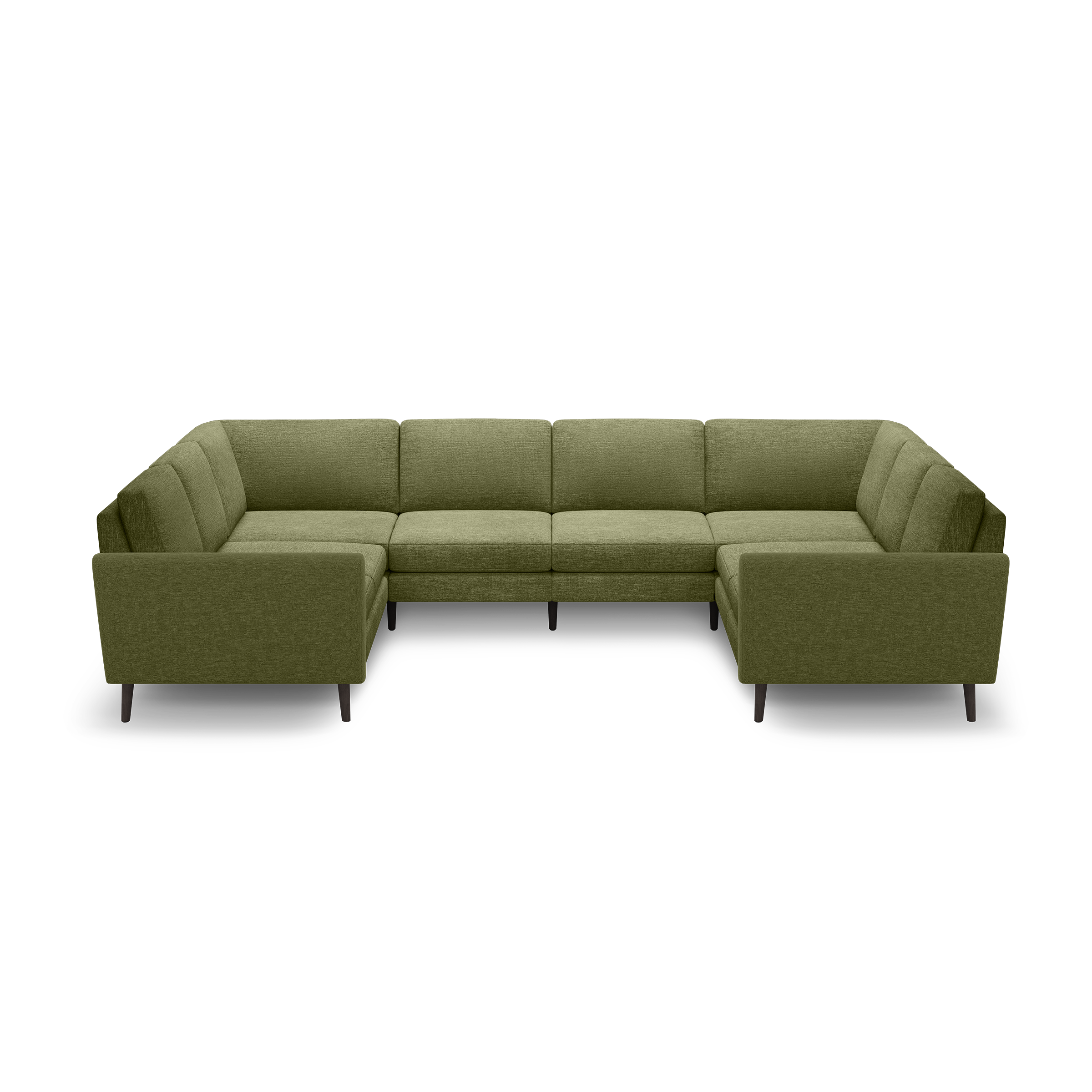 Olive green U-shaped sectional sofa with fabric upholstery, tufted back cushions, and wooden tapered legs.