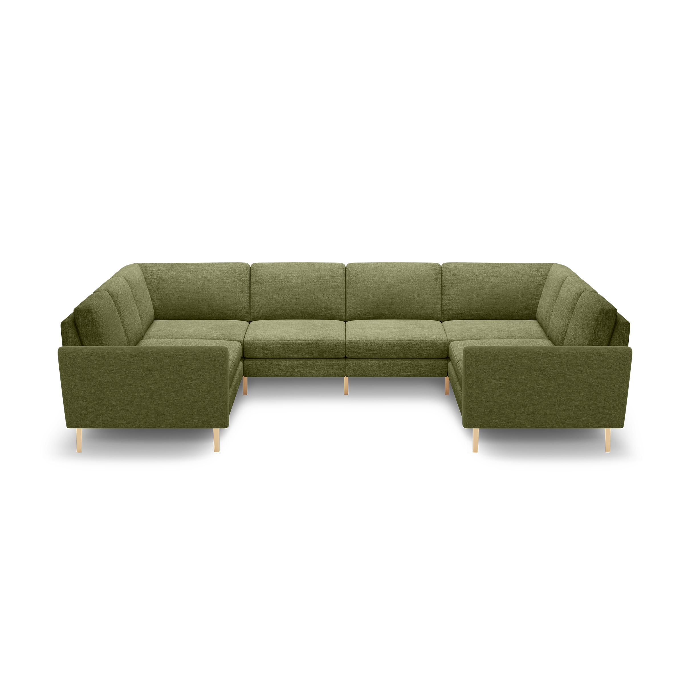 Olive green U-shaped sectional sofa with clean lines, tufted cushions, and light wooden legs, designed for spacious seating.