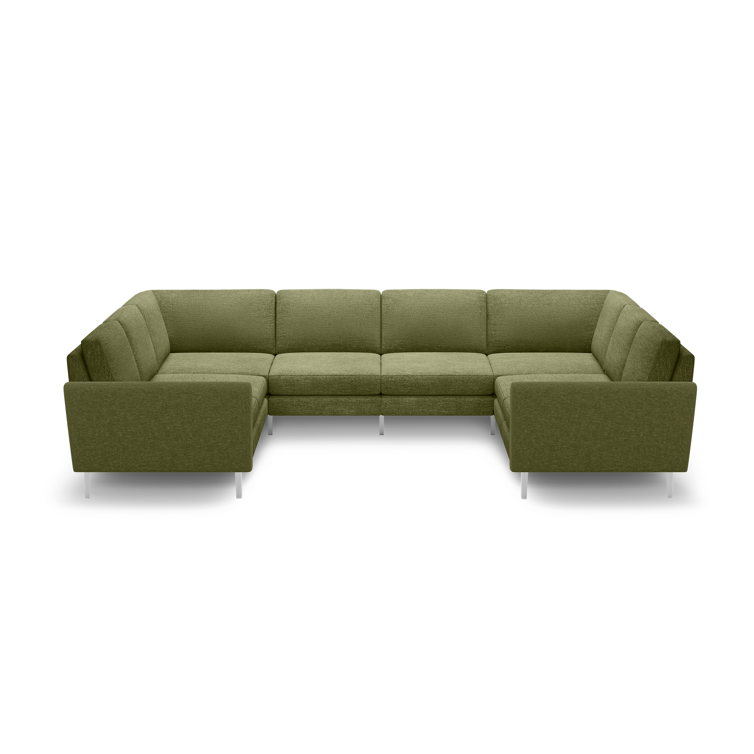 Olive green upholstered modern sectional sofa with clean lines, tufted cushions, and slim metal legs on a black background.