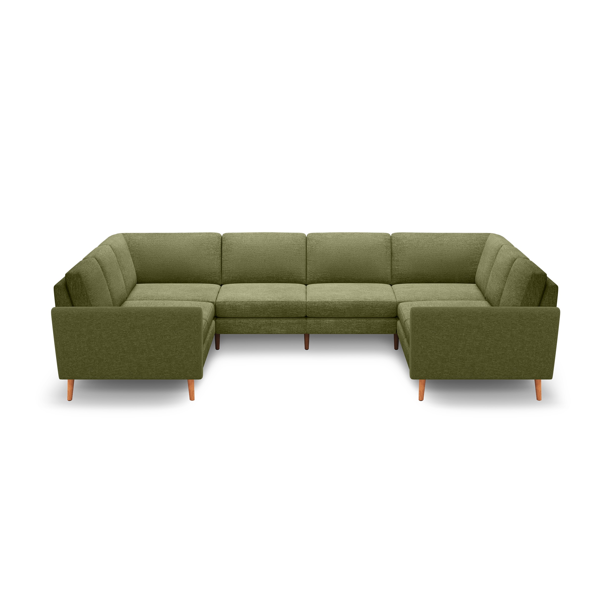 Large olive green U-shaped sectional sofa with tufted cushions and wooden legs, modern and spacious design for living room seating.