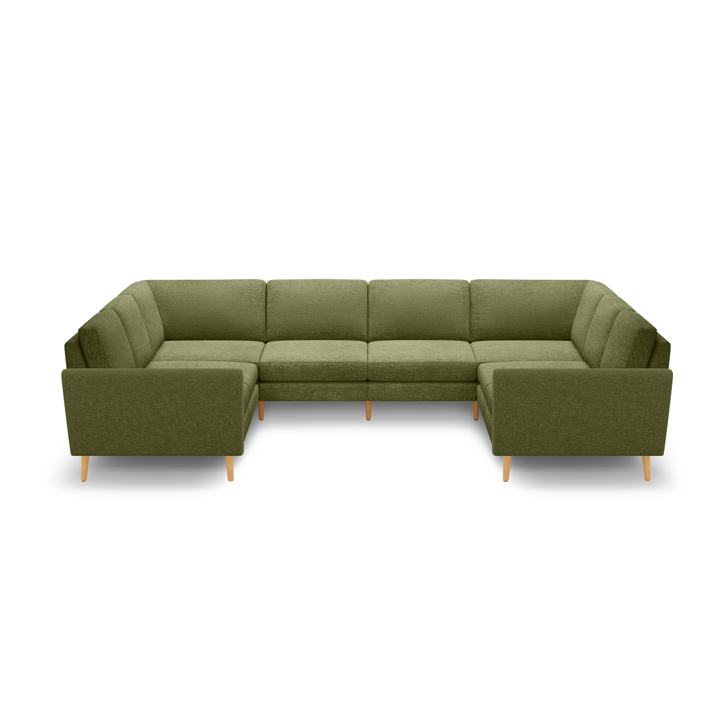 Large olive green U-shaped sectional sofa with clean lines, tufted back cushions, and natural wood tapered legs, isolated on black background.