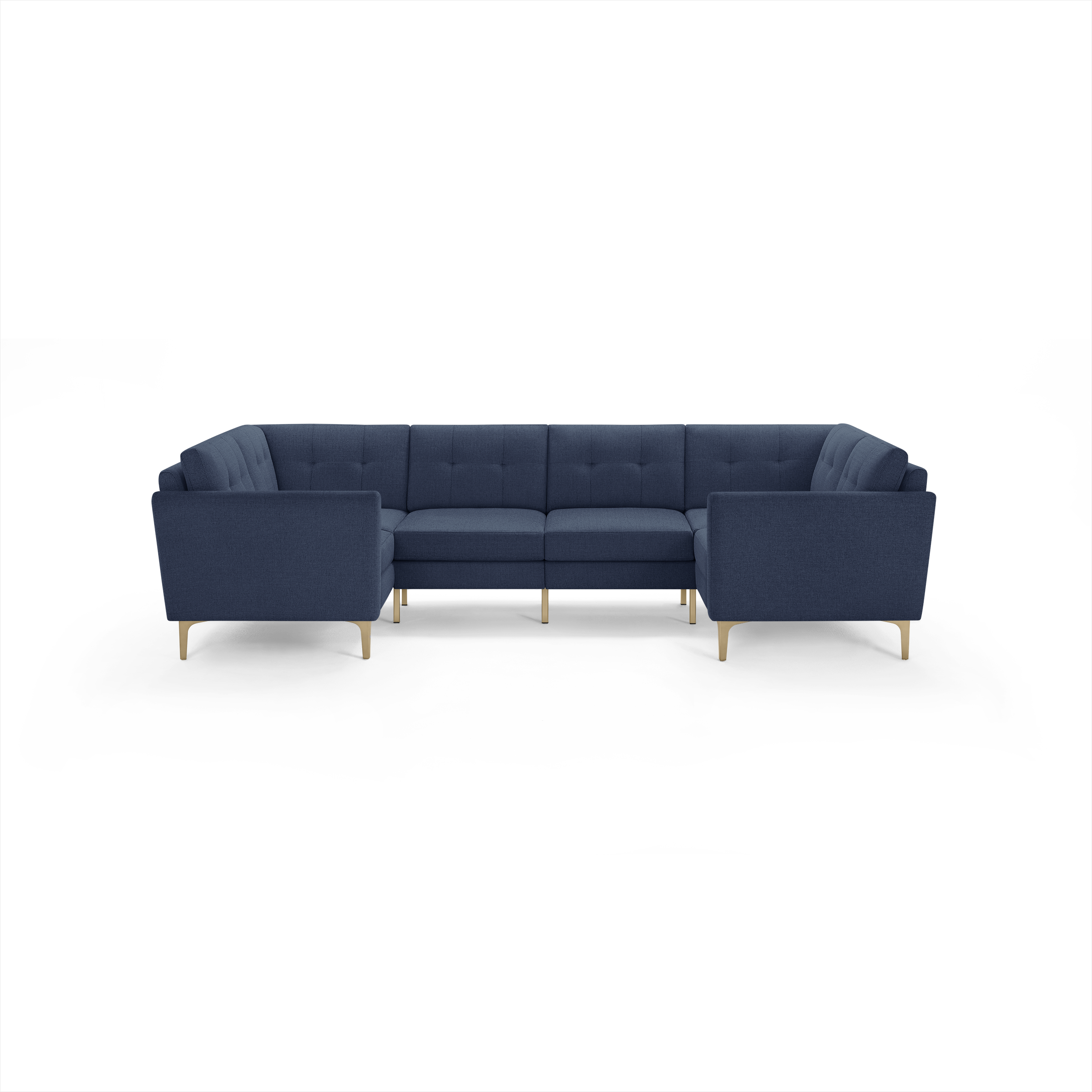 Navy blue mid-century modern sectional sofa with tufted back cushions and light wooden legs, arranged in a U-shape.