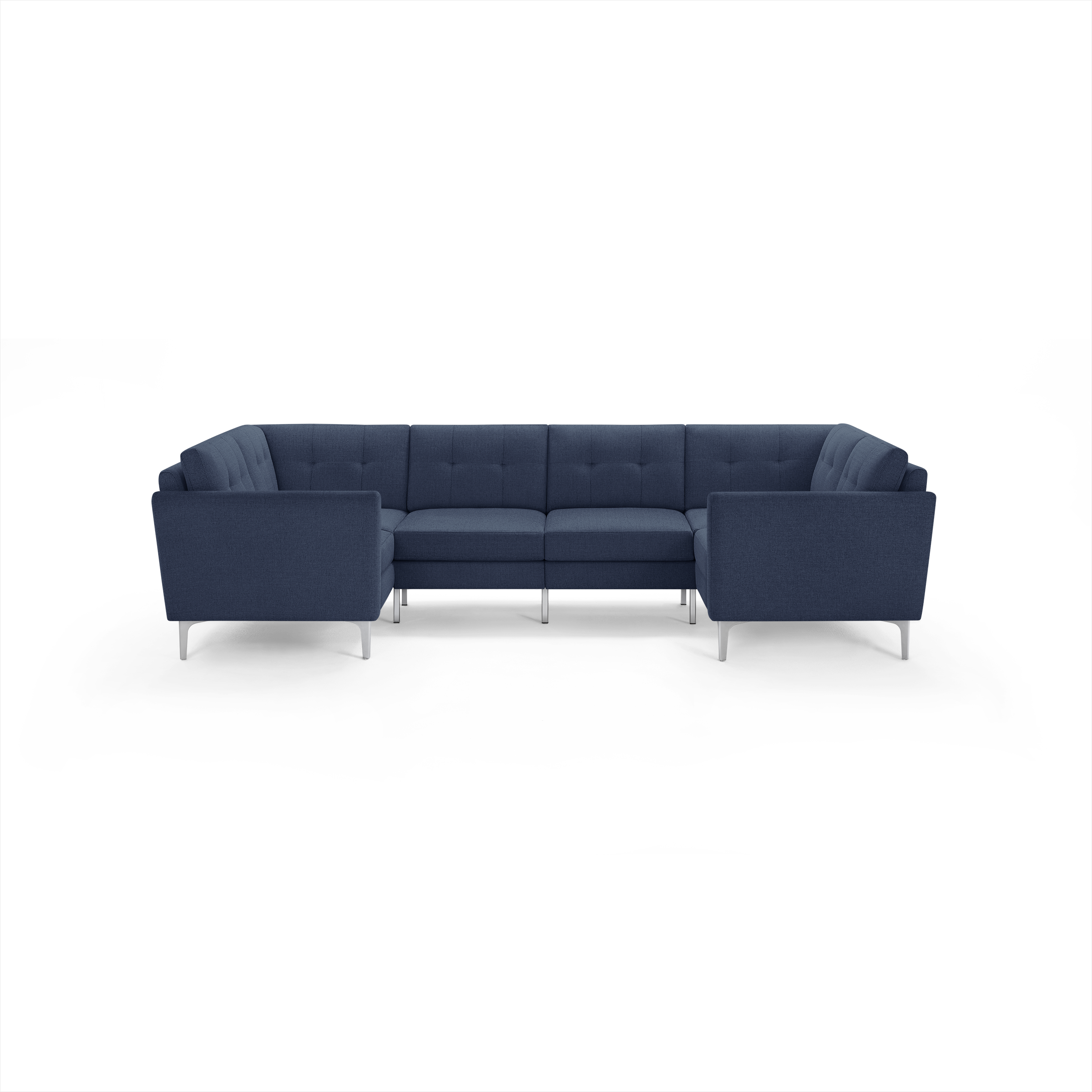 Modern L-shaped sectional sofa with deep blue fabric upholstery, tufted back cushions, and sleek silver metal legs.
