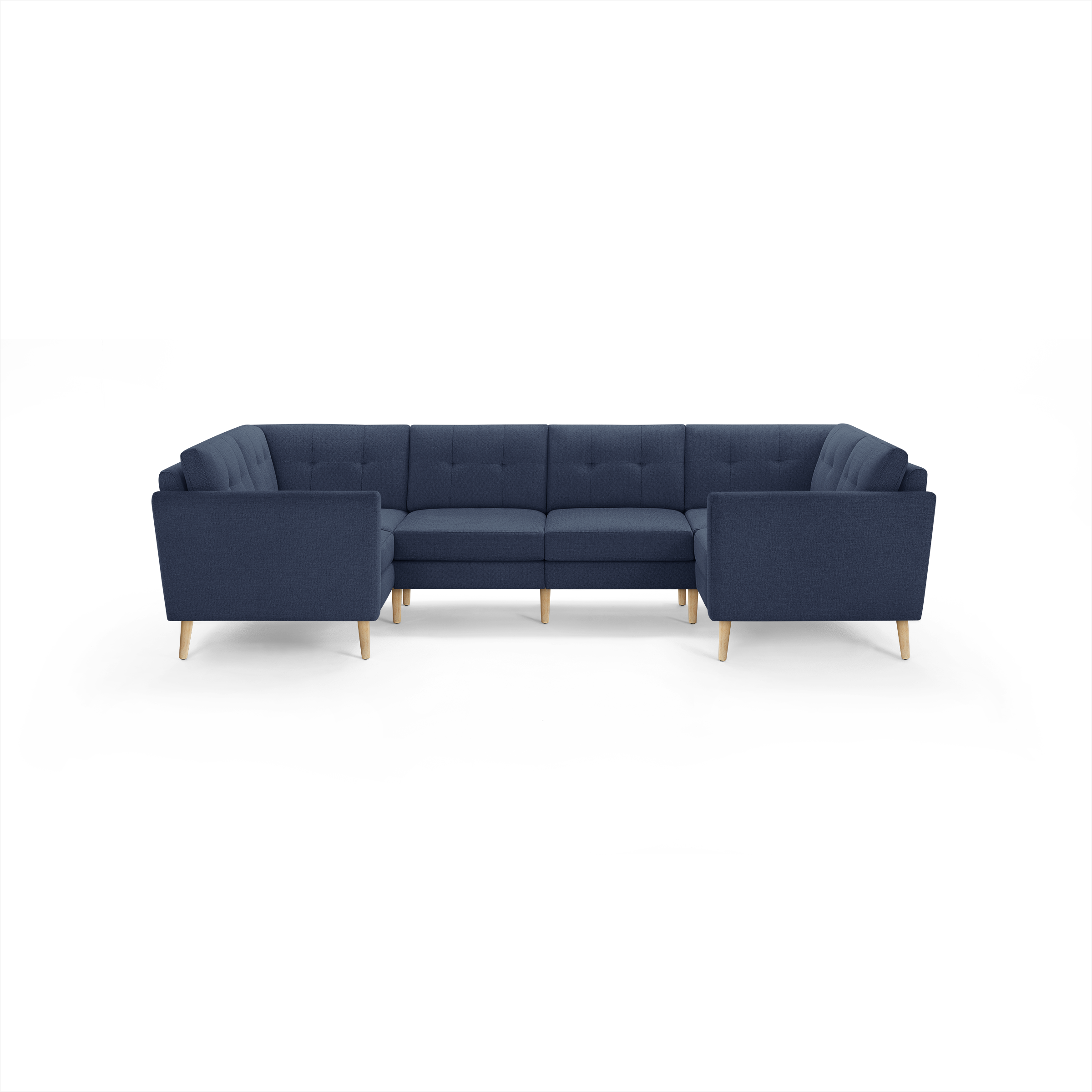 Modern navy blue fabric sectional sofa with tufted cushions and light wooden legs, featuring a U-shaped design for ample seating.