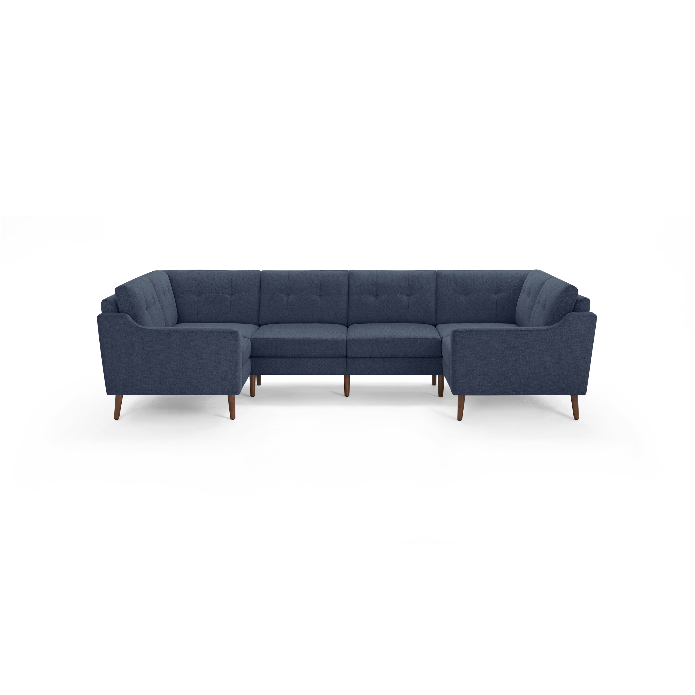 Modern navy blue fabric sectional sofa with tufted backrests and wooden legs, designed for spacious corner seating.