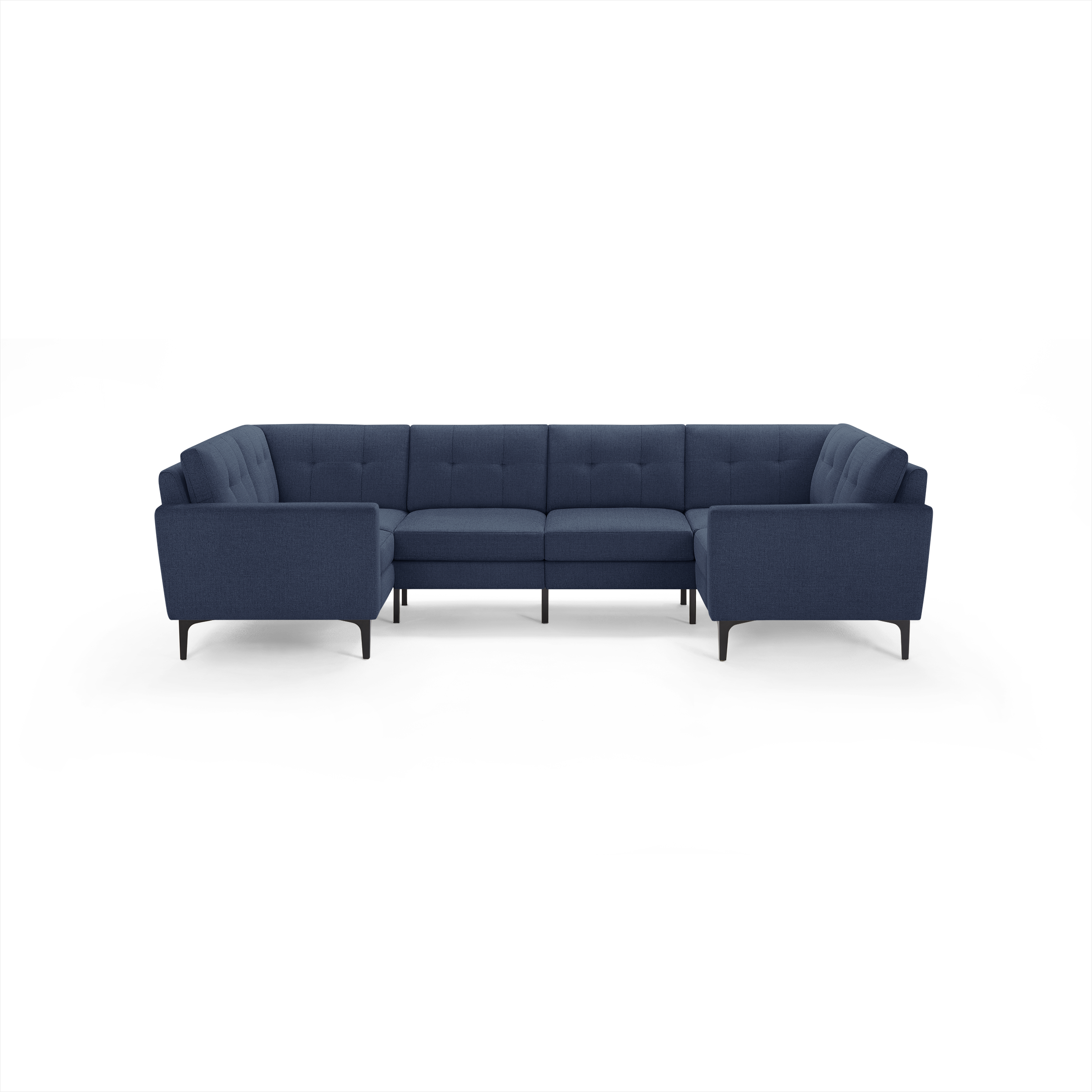 Modern navy blue fabric sectional sofa with tufted back cushions and black tapered legs, arranged in a U-shape.