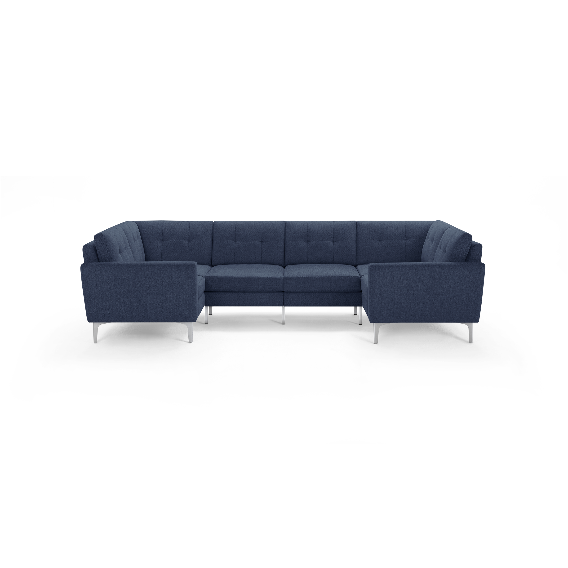 Modern navy blue U-shaped sectional sofa with tufted back cushions and sleek metal legs.