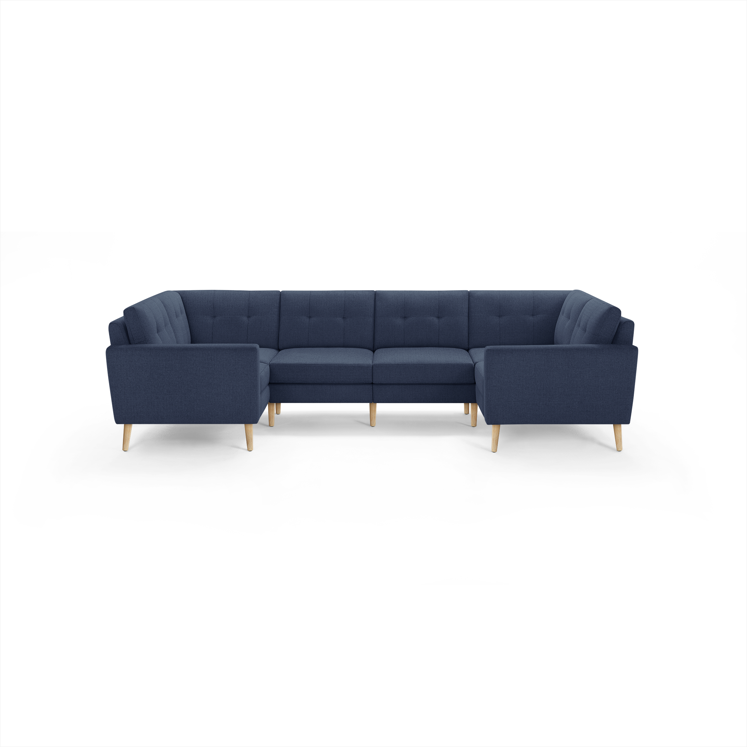 Modern navy blue sectional sofa with tufted back cushions, wooden legs, and a U-shaped design for spacious seating.