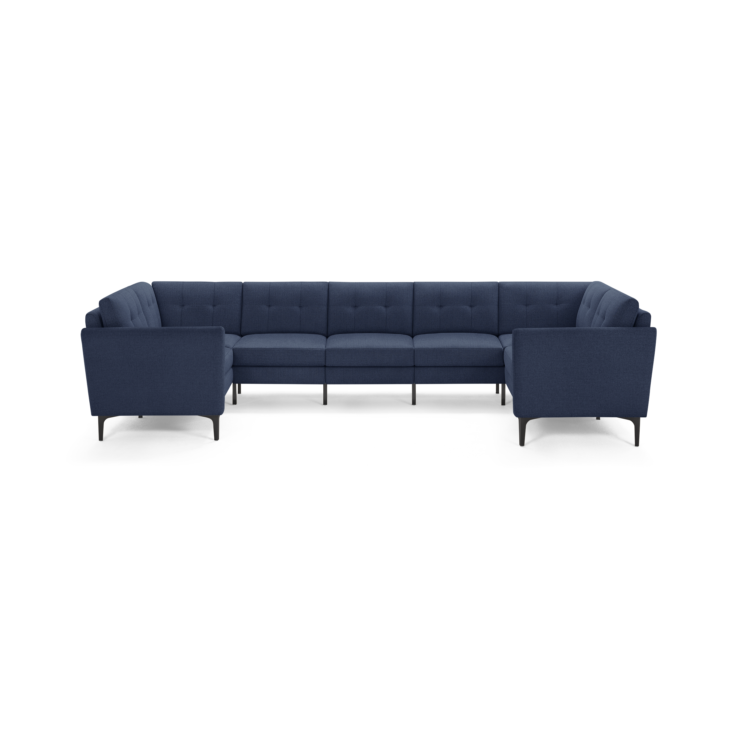 Modern navy blue upholstered U-shaped sectional sofa with tufted back cushions and slim black legs.
