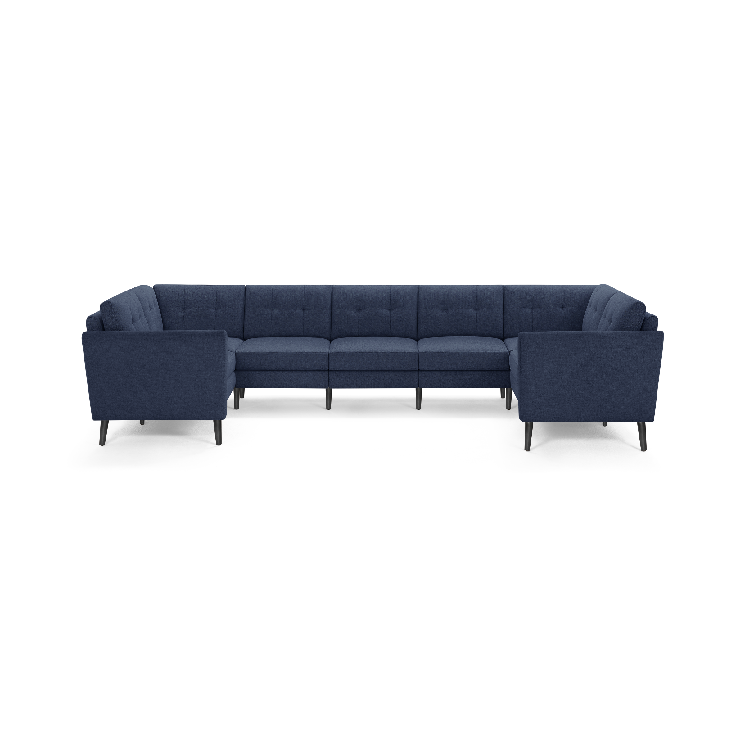Large U-shaped navy blue sectional sofa with tufted back cushions and slim black legs, offering modern and spacious seating.