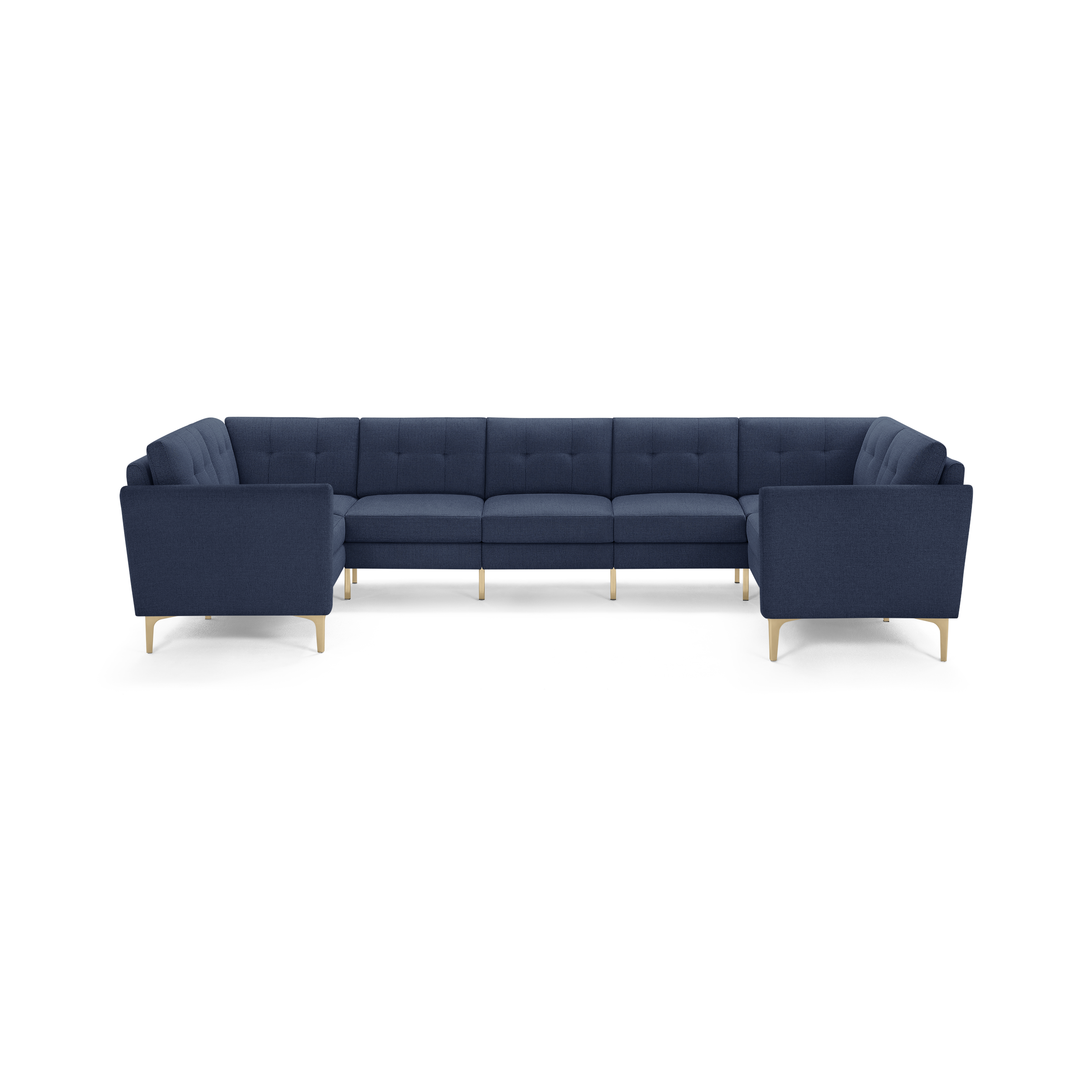 U-shaped modern sectional sofa in navy blue fabric with tufted cushions and light wooden legs.