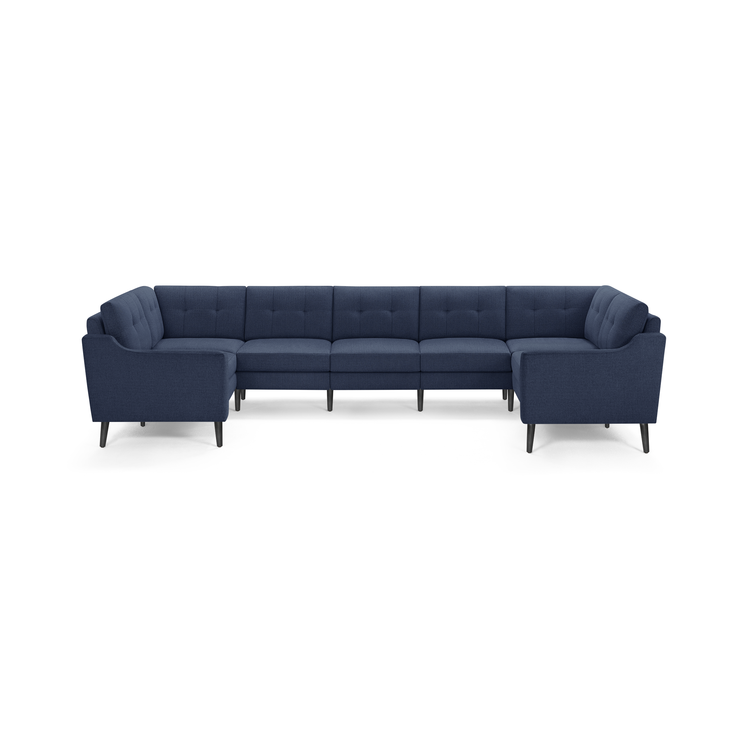 Large modern U-shaped sectional sofa, deep navy blue fabric, tufted backrest, cushioned seats, and sleek black tapered legs.