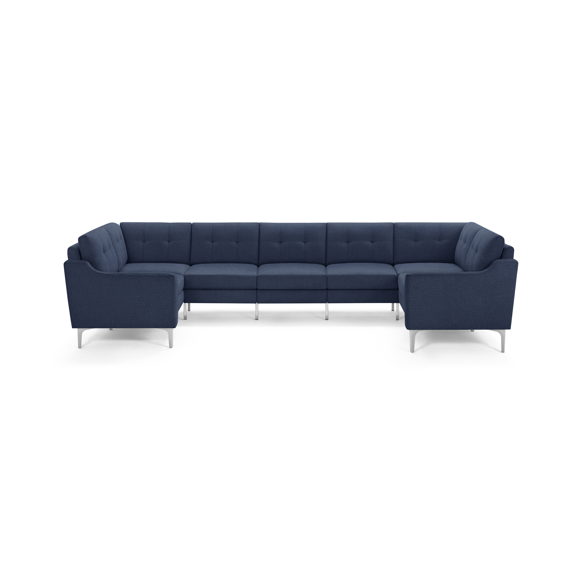 Large modern U-shaped sectional sofa in dark blue fabric with tufted cushions and slim metal legs, offering ample seating space.