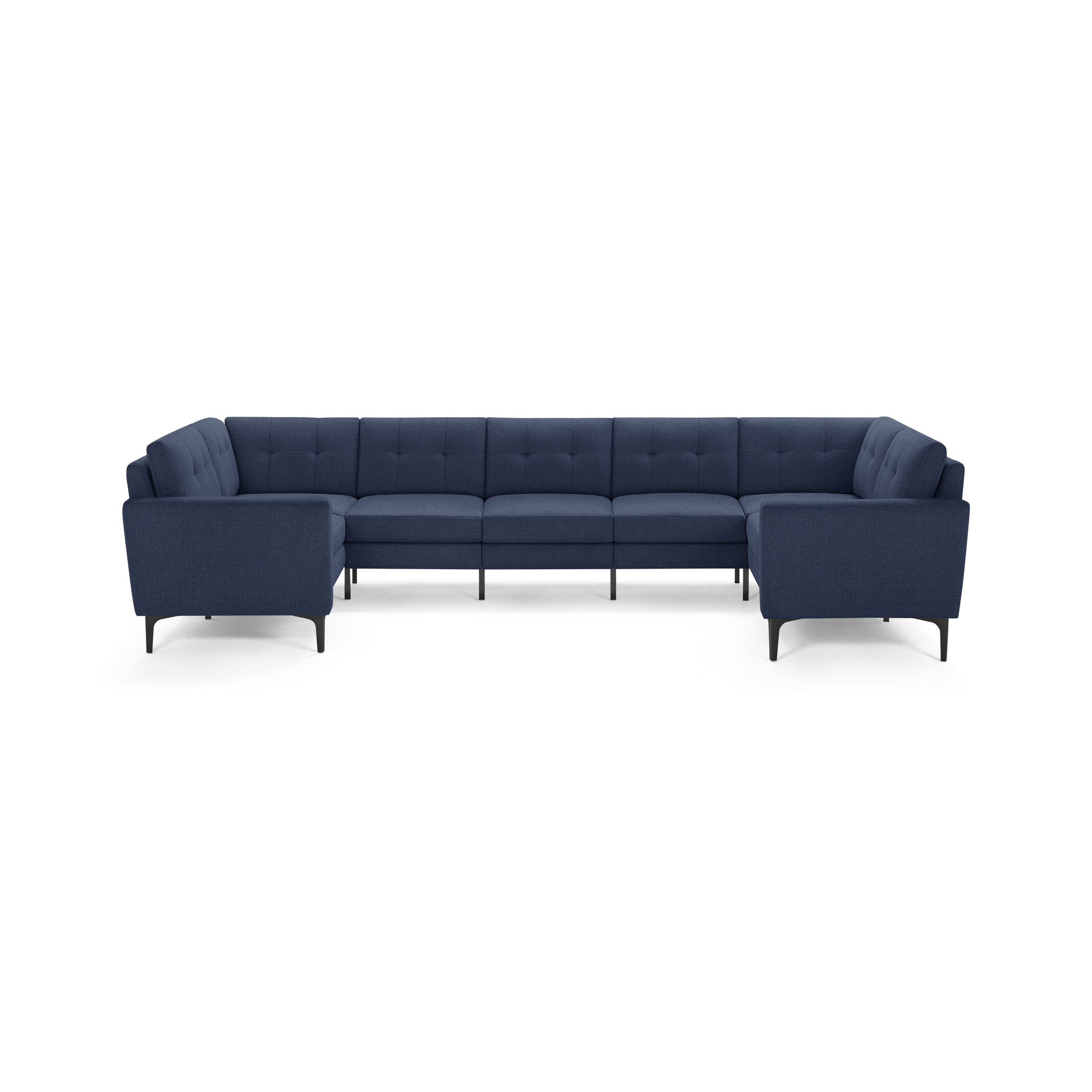 Modern navy blue L-shaped sectional sofa with tufted backrest, cushioned seats, and slim black legs.