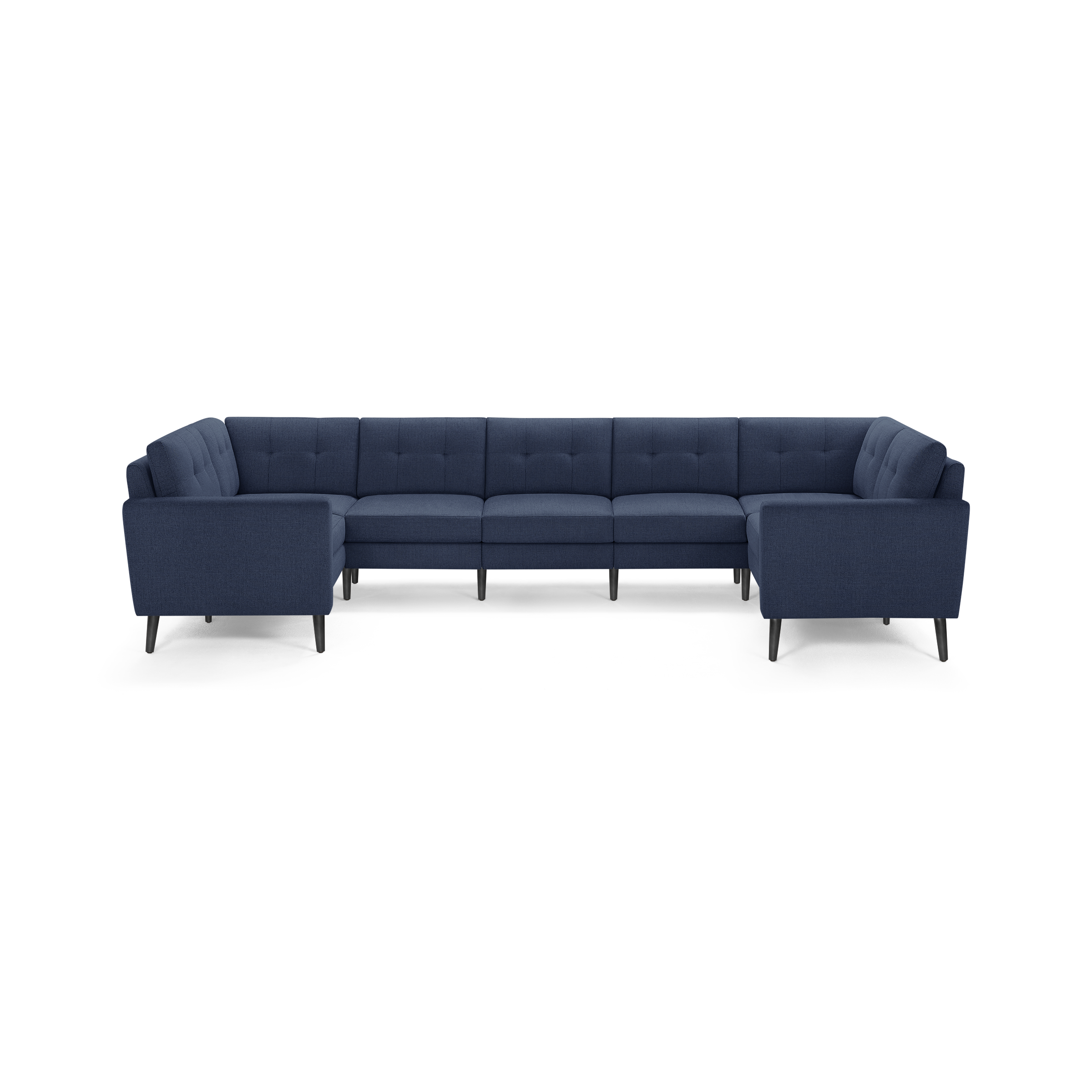 Large navy blue sectional sofa with tufted back cushions, straight arms, and black tapered legs, designed for spacious living rooms.