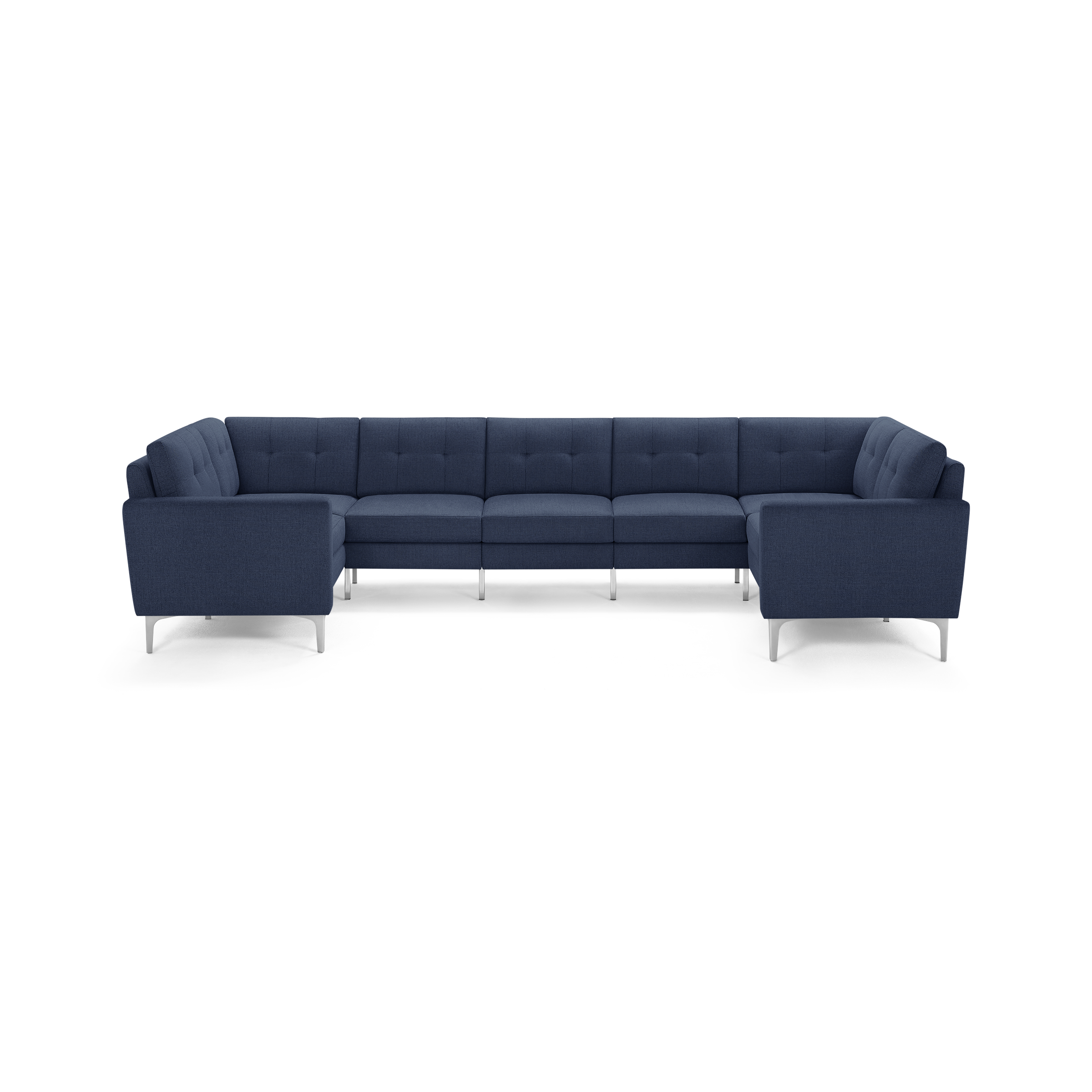 Large modern U-shaped sectional sofa with dark blue fabric upholstery and sleek metal legs, featuring tufted back cushions.