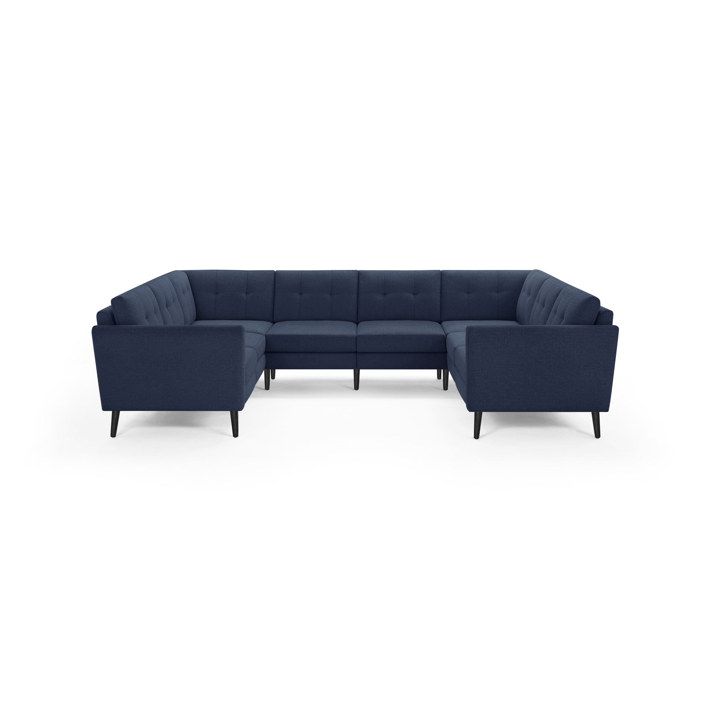 Modern navy blue U-shaped sectional sofa with tufted cushions and tapered black legs, designed for spacious seating.