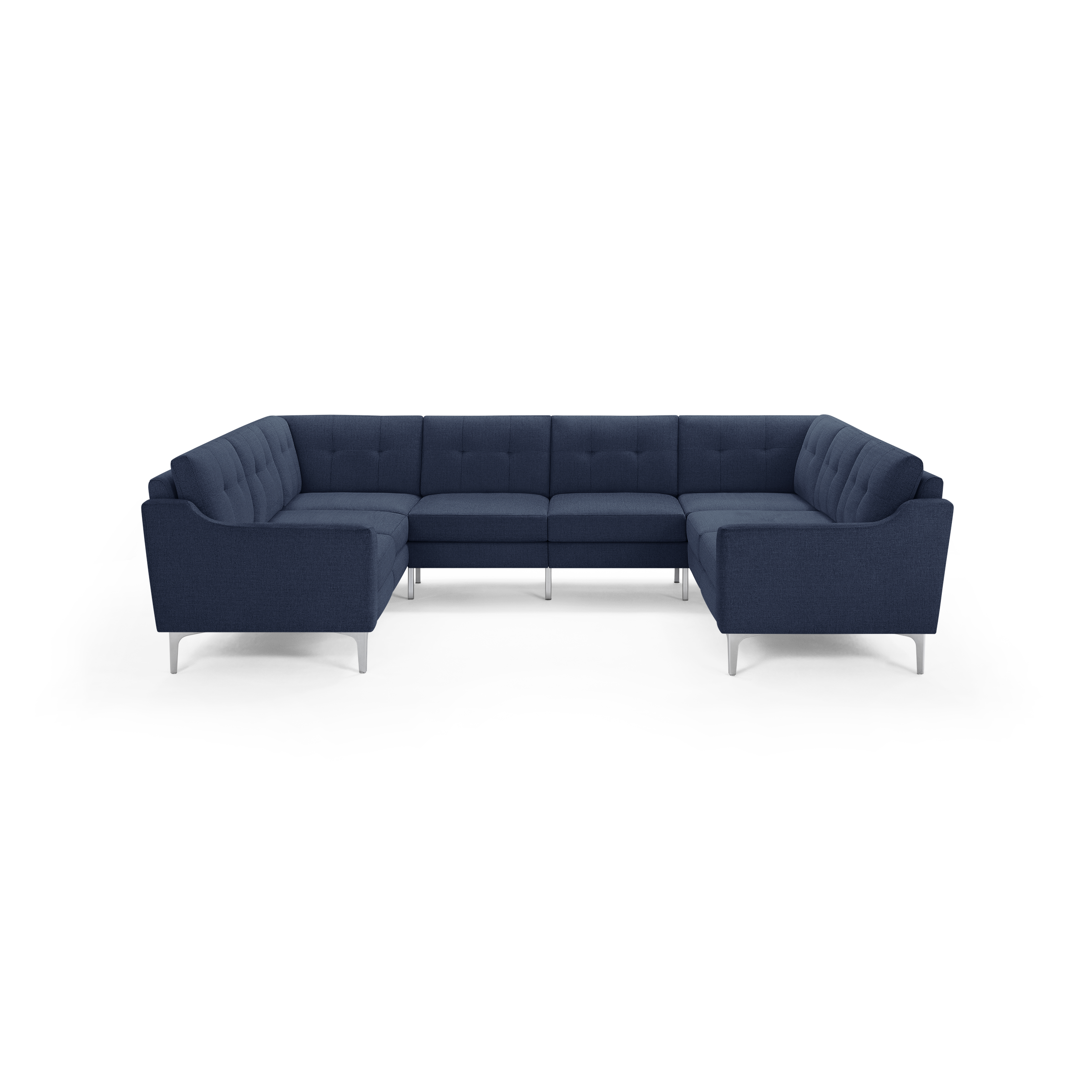 Modern navy blue U-shaped sectional sofa with tufted back cushions and slim silver metal legs.