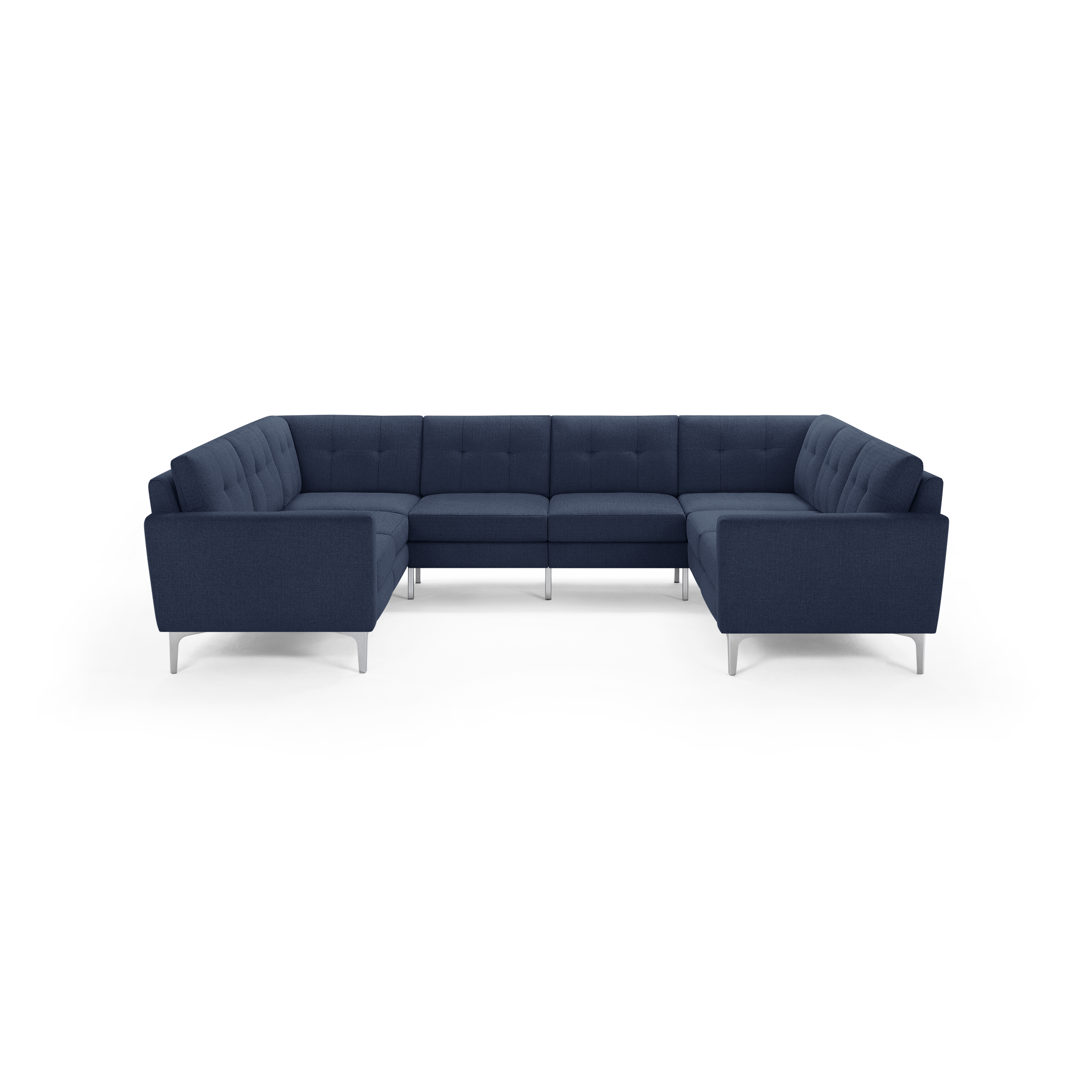 Dark blue fabric U-shaped sectional sofa with tufted cushions and sleek silver metal legs, designed for modern living spaces.