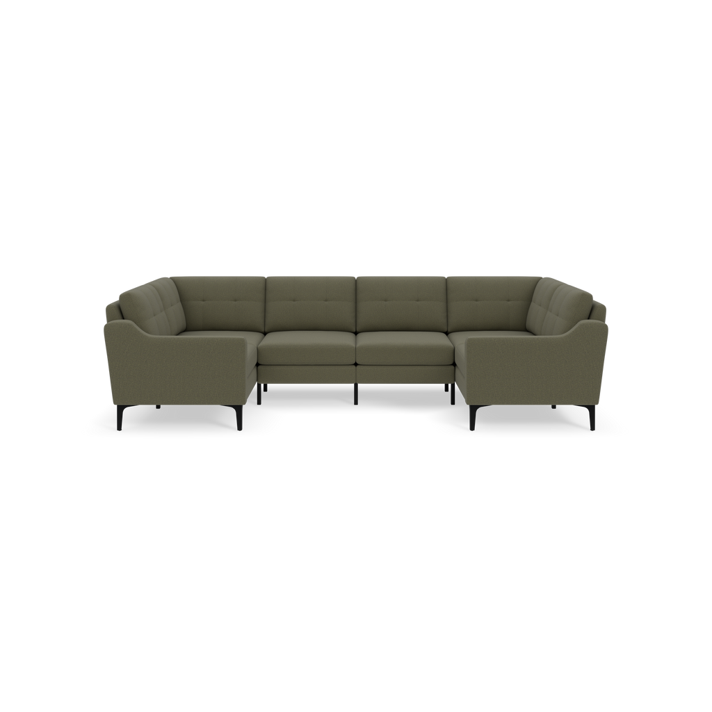 Large U-shaped sectional sofa with Moss green tufted cushions and black slender legs, designed for spacious living rooms.
