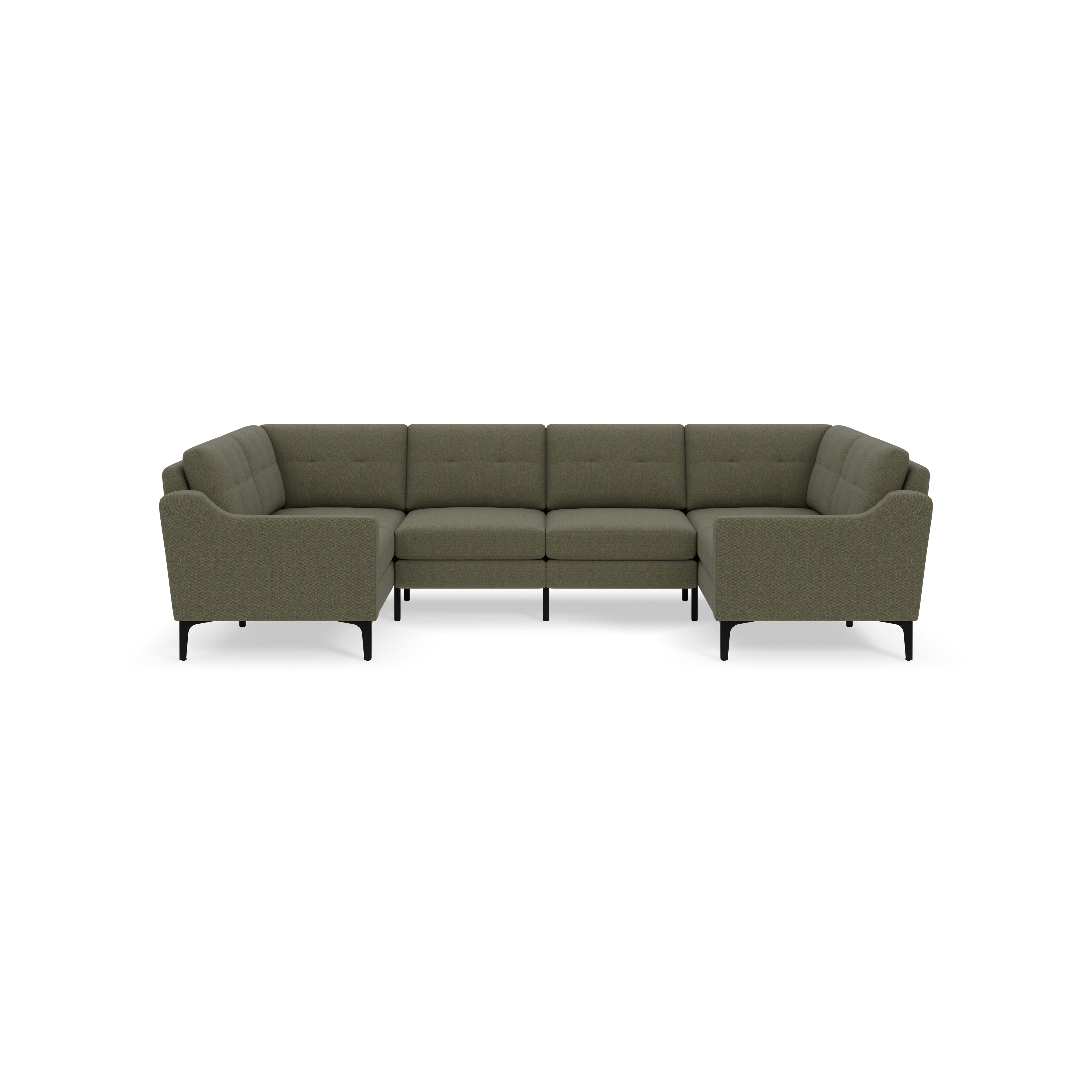 Large U-shaped sectional sofa with Moss green tufted cushions and black slender legs, designed for spacious living rooms.
