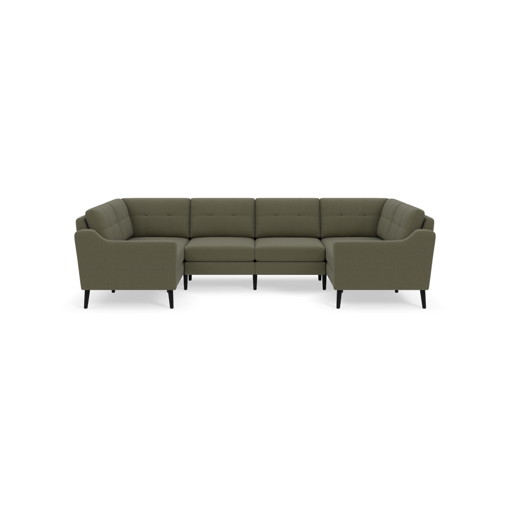 Modern Moss green fabric sectional sofa with tufted cushions, angled armrests, and black tapered legs, shown against a black background.