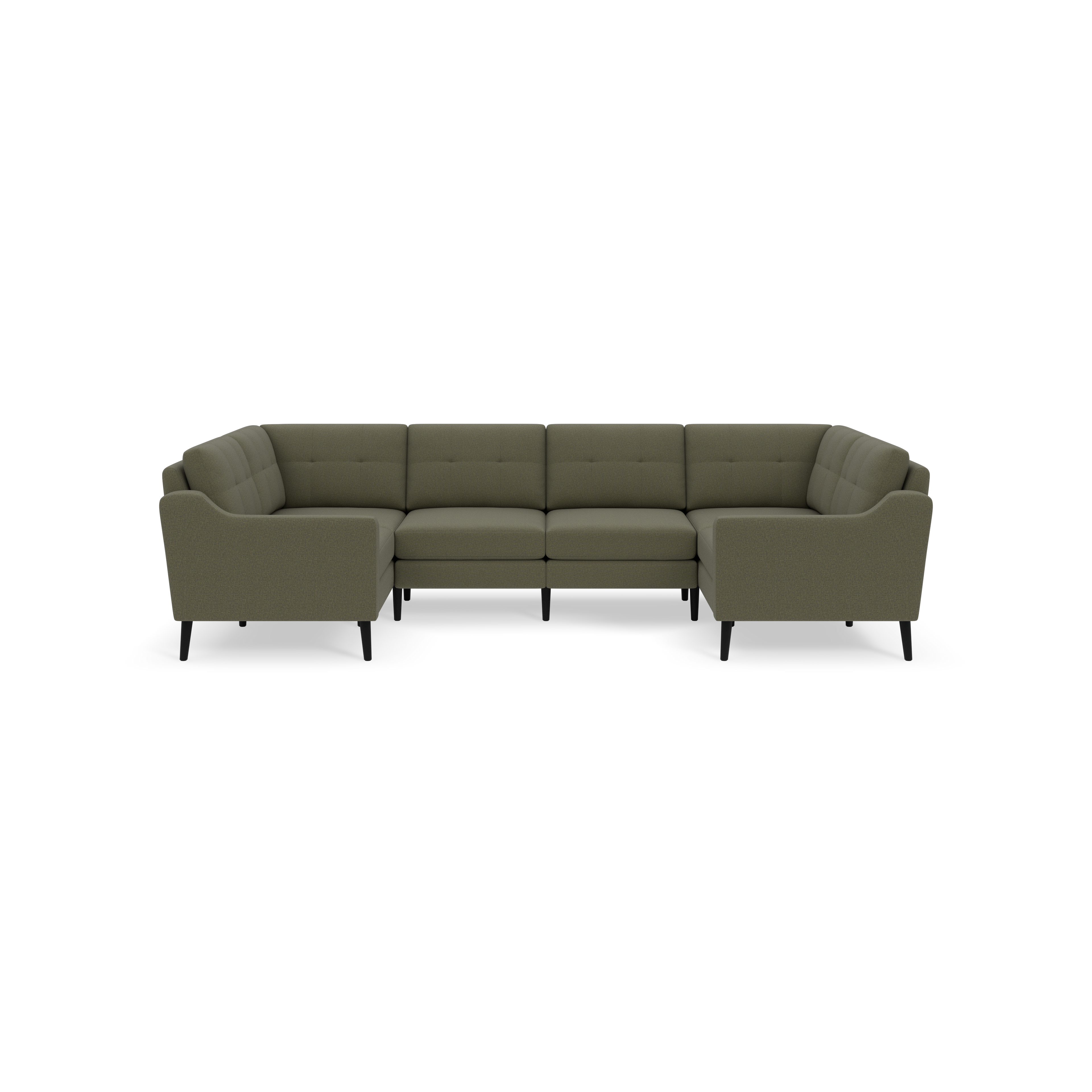 Modern Moss green fabric sectional sofa with tufted cushions, angled armrests, and black tapered legs, shown against a black background.