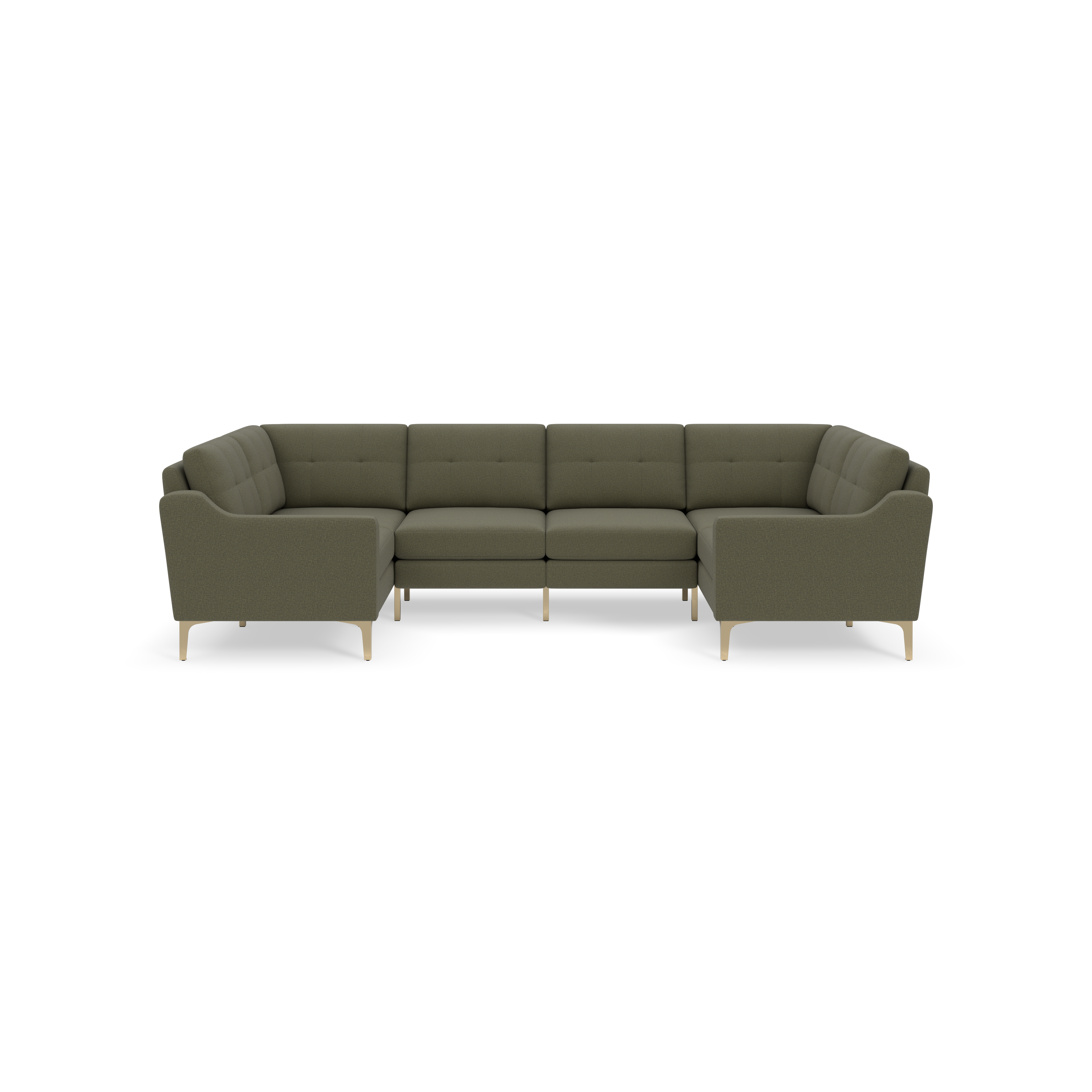L-shaped Moss green sectional sofa with soft fabric upholstery, tufted cushions, and light wooden legs, shown against a black background.
