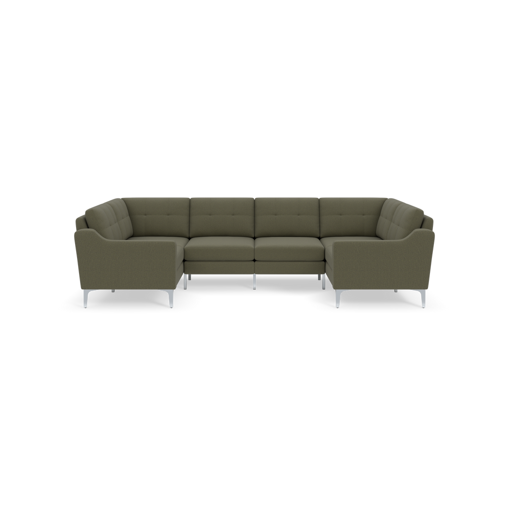Modern Moss green sectional sofa with tufted cushions, curved armrests, and metal legs, designed for spacious seating.