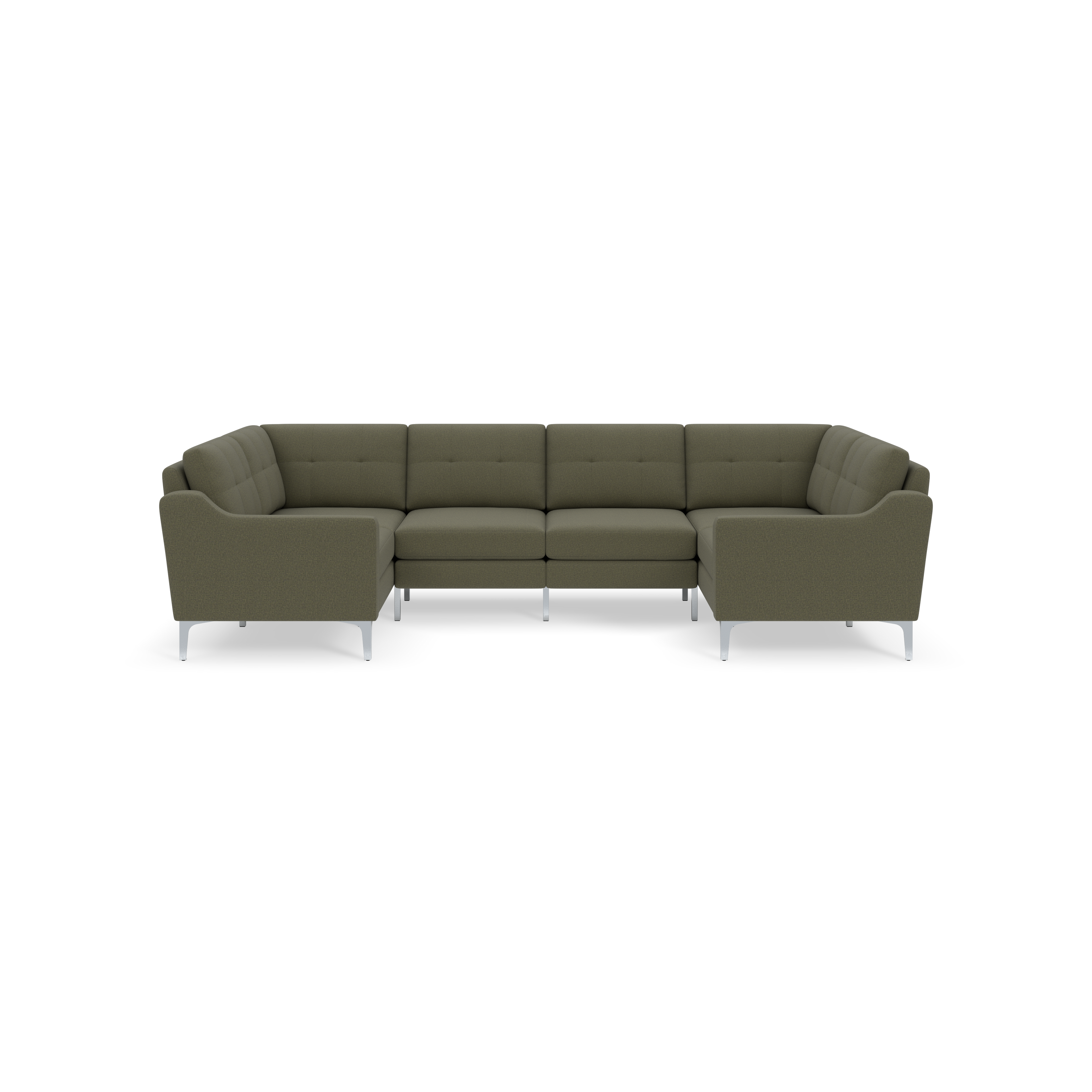 Modern Moss green sectional sofa with tufted cushions, curved armrests, and metal legs, designed for spacious seating.