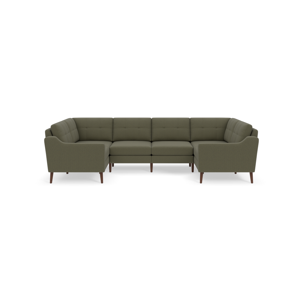 Moss green upholstered sectional sofa with tufted cushions and wooden tapered legs, arranged in a U-shape on black background.