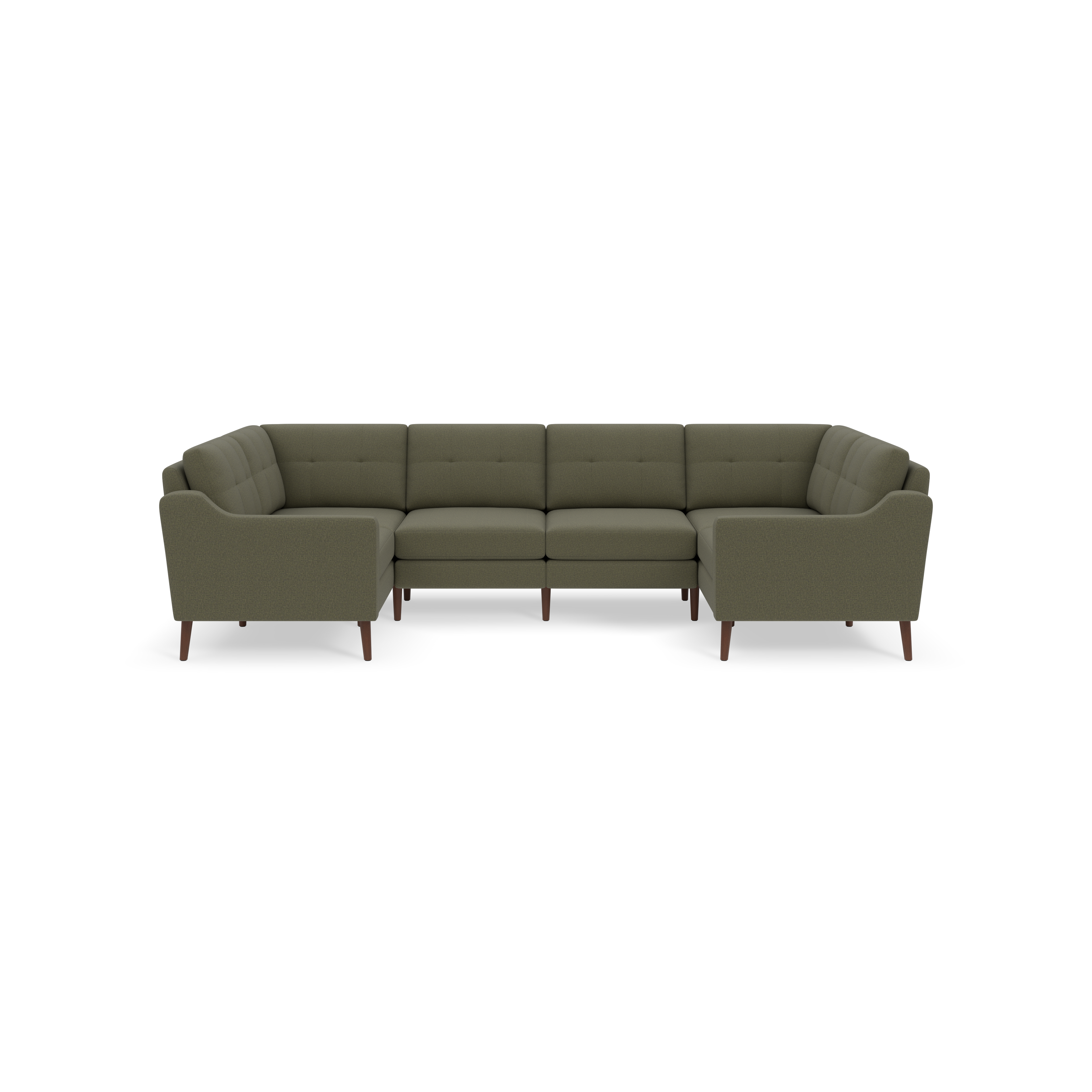 Moss green upholstered sectional sofa with tufted cushions and wooden tapered legs, arranged in a U-shape on black background.