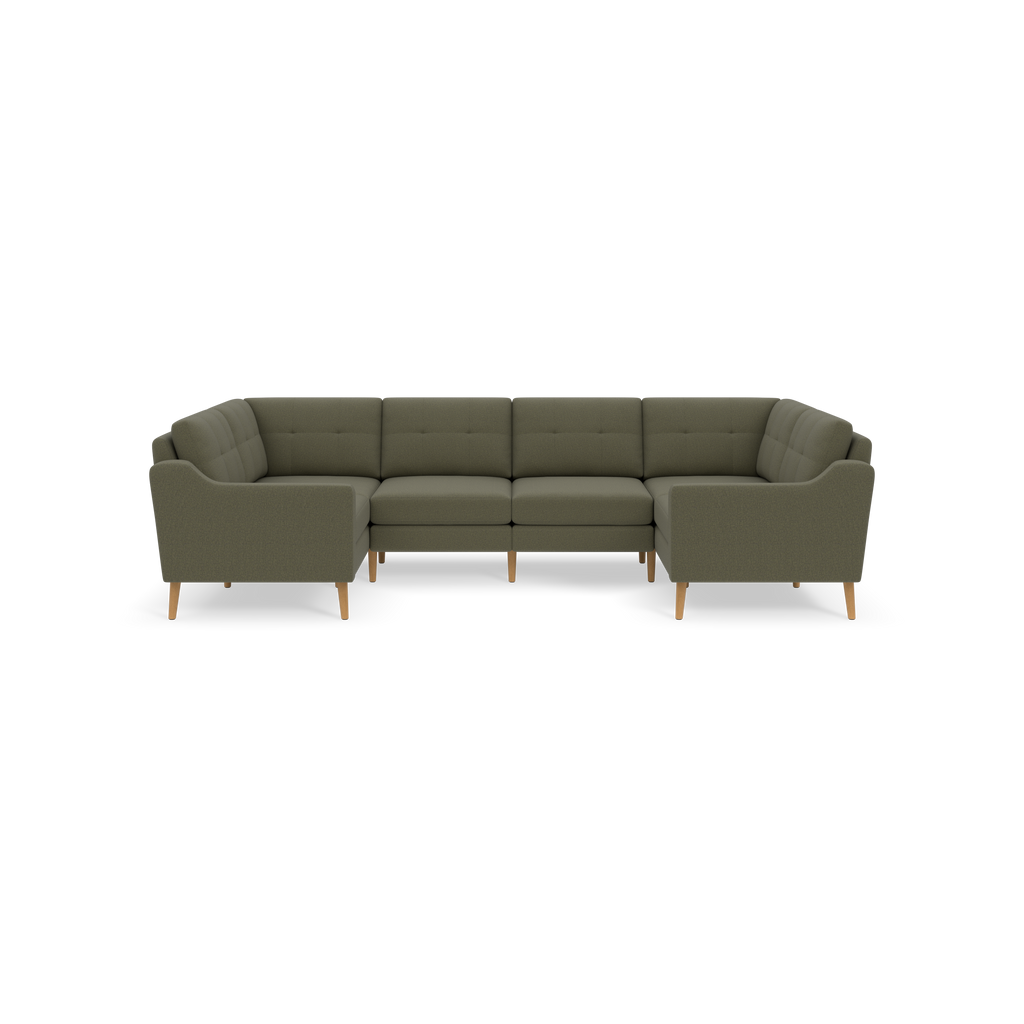 Moss green L-shaped sectional sofa with tufted cushions and wooden legs, featuring high curved armrests and back support.