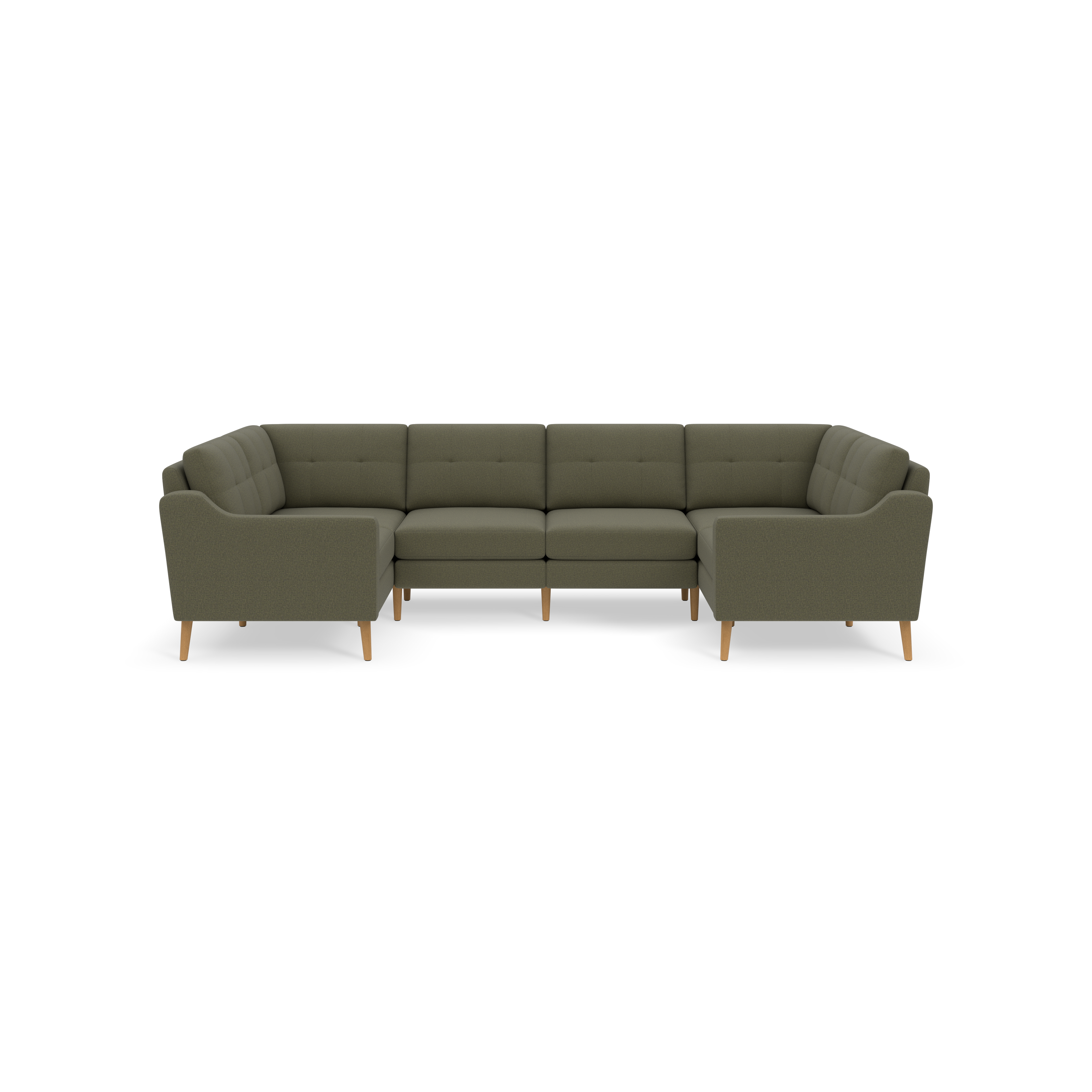 Moss green L-shaped sectional sofa with tufted cushions and wooden legs, featuring high curved armrests and back support.