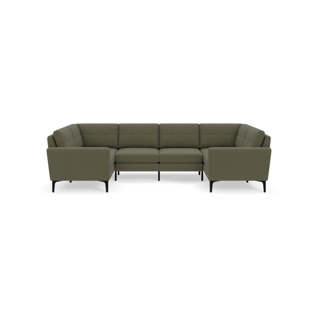 Modern Moss green U-shaped sectional sofa with tufted cushions and slim black legs, designed for spacious living rooms.