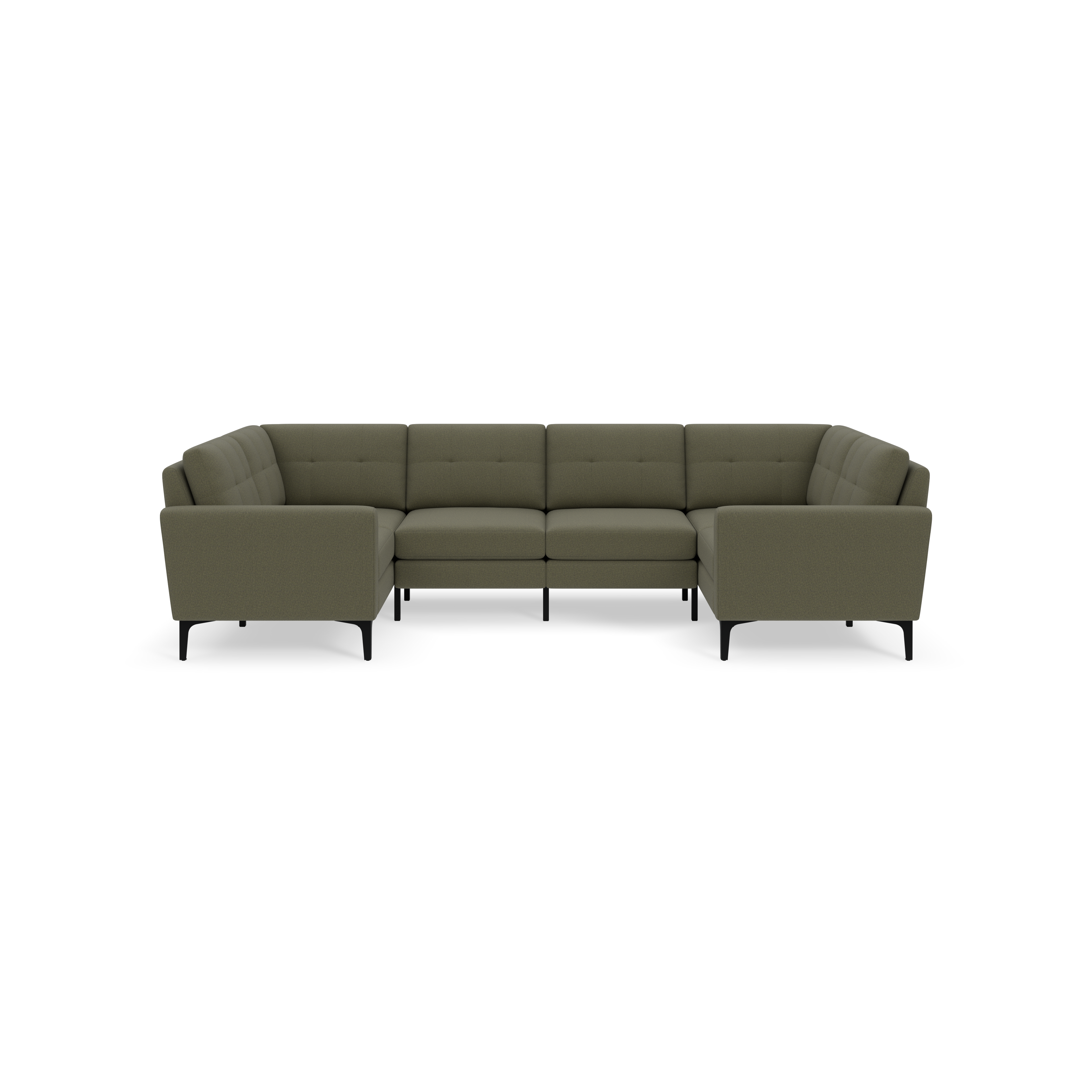 Modern Moss green U-shaped sectional sofa with tufted cushions and slim black legs, designed for spacious living rooms.