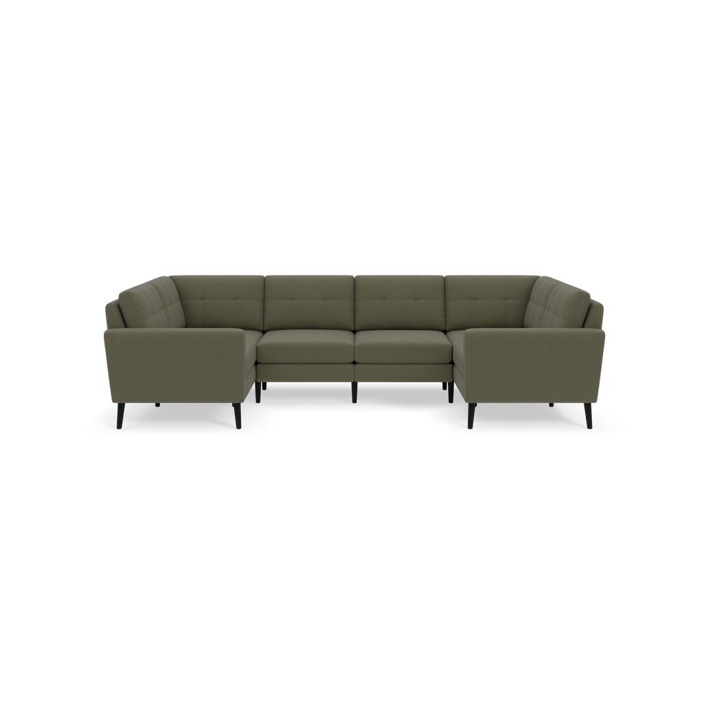 Modern Moss green fabric U-shaped sectional sofa with tufted back cushions and black tapered legs on black background.