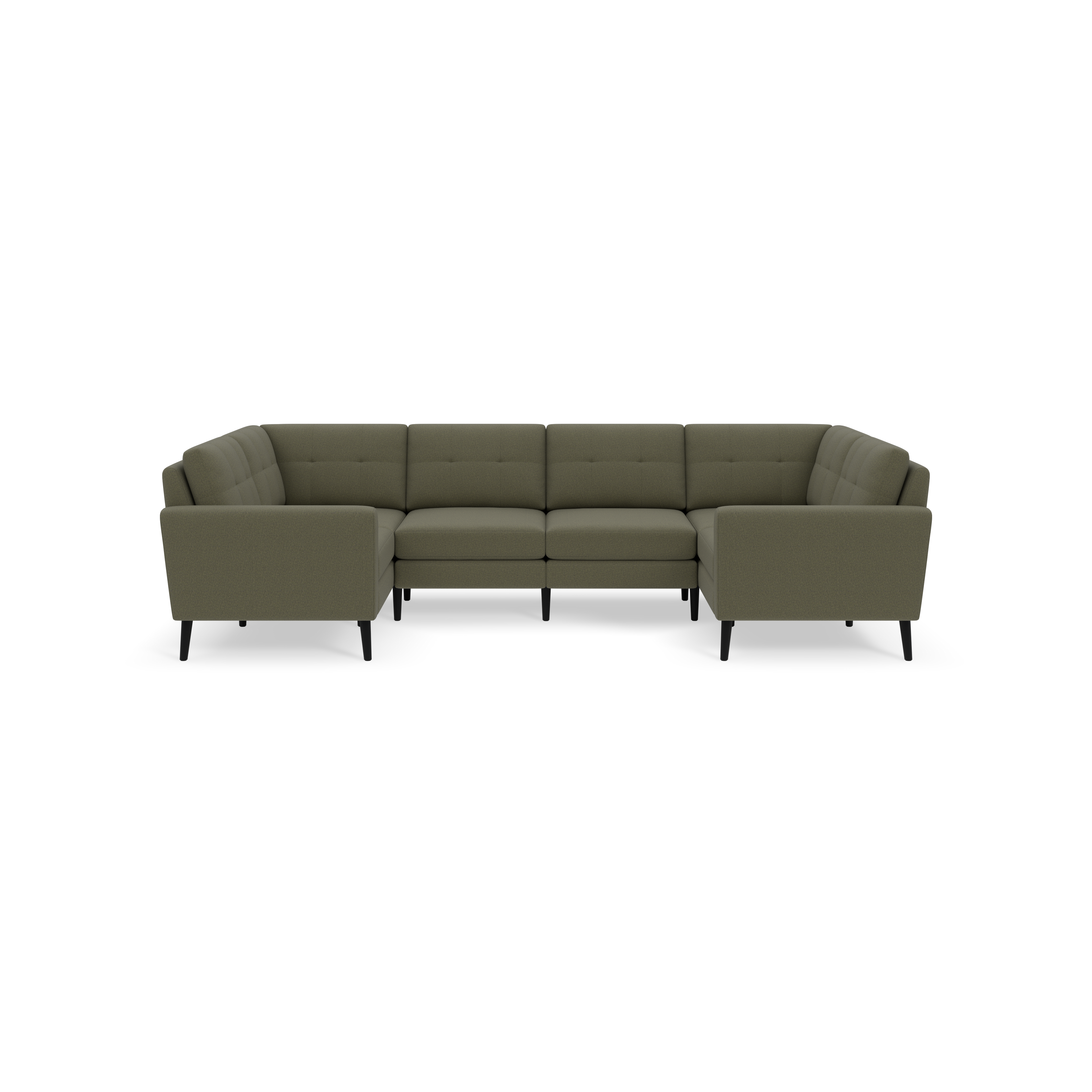 Modern Moss green fabric U-shaped sectional sofa with tufted back cushions and black tapered legs on black background.