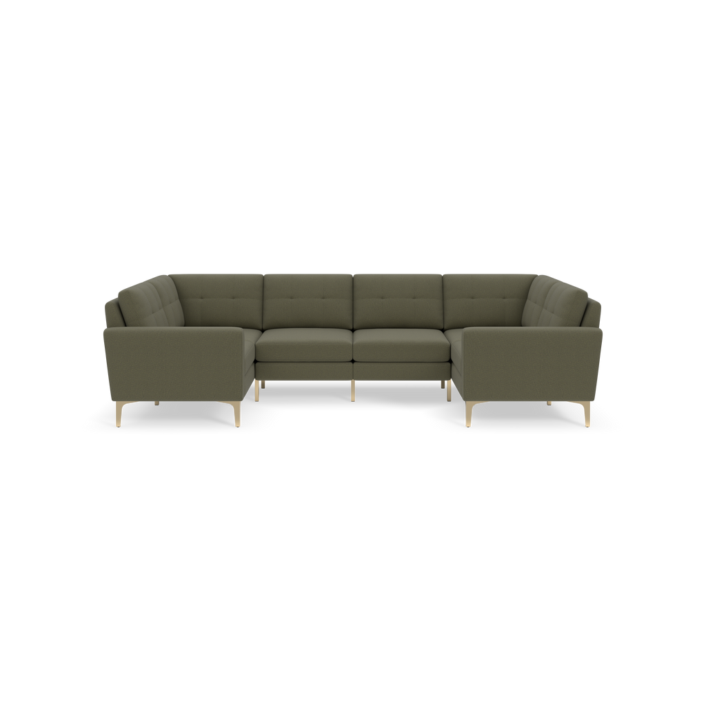 Modern Moss green L-shaped sectional sofa with tufted cushions and slim gold metal legs on black background.