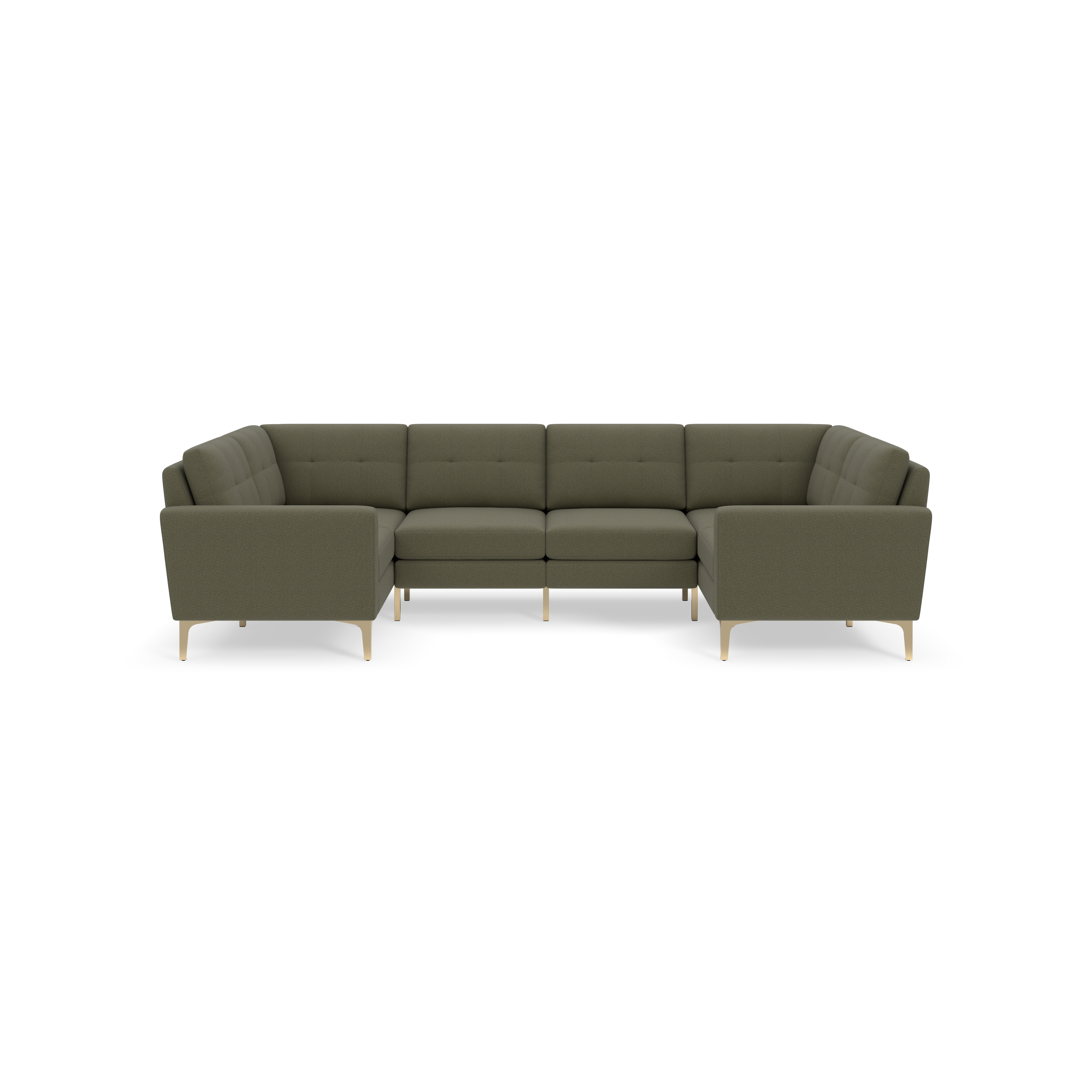 Modern Moss green L-shaped sectional sofa with tufted cushions and slim gold metal legs on black background.