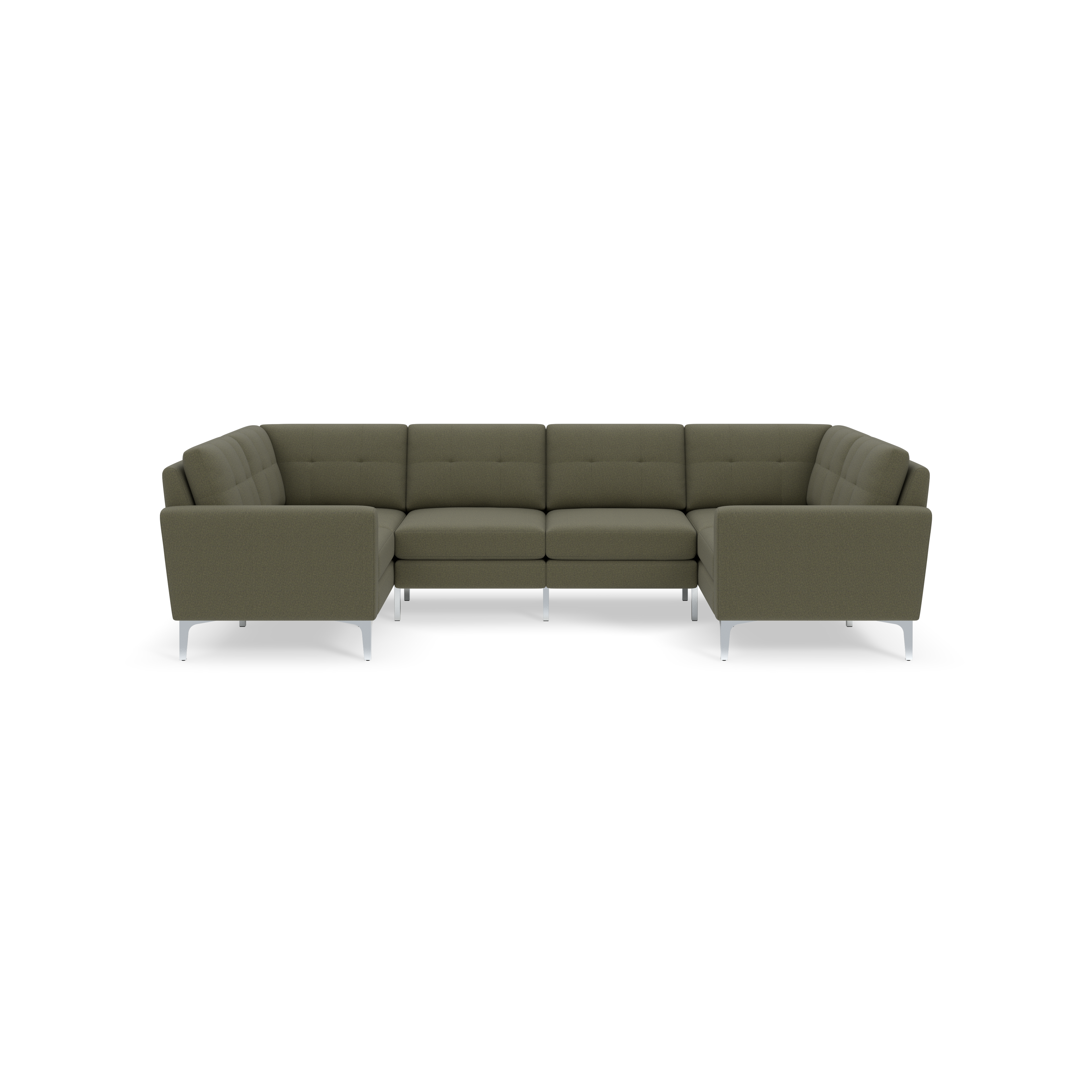 Modern olive-green L-shaped sectional sofa with tufted cushions and silver metal legs, viewed frontally against black background.