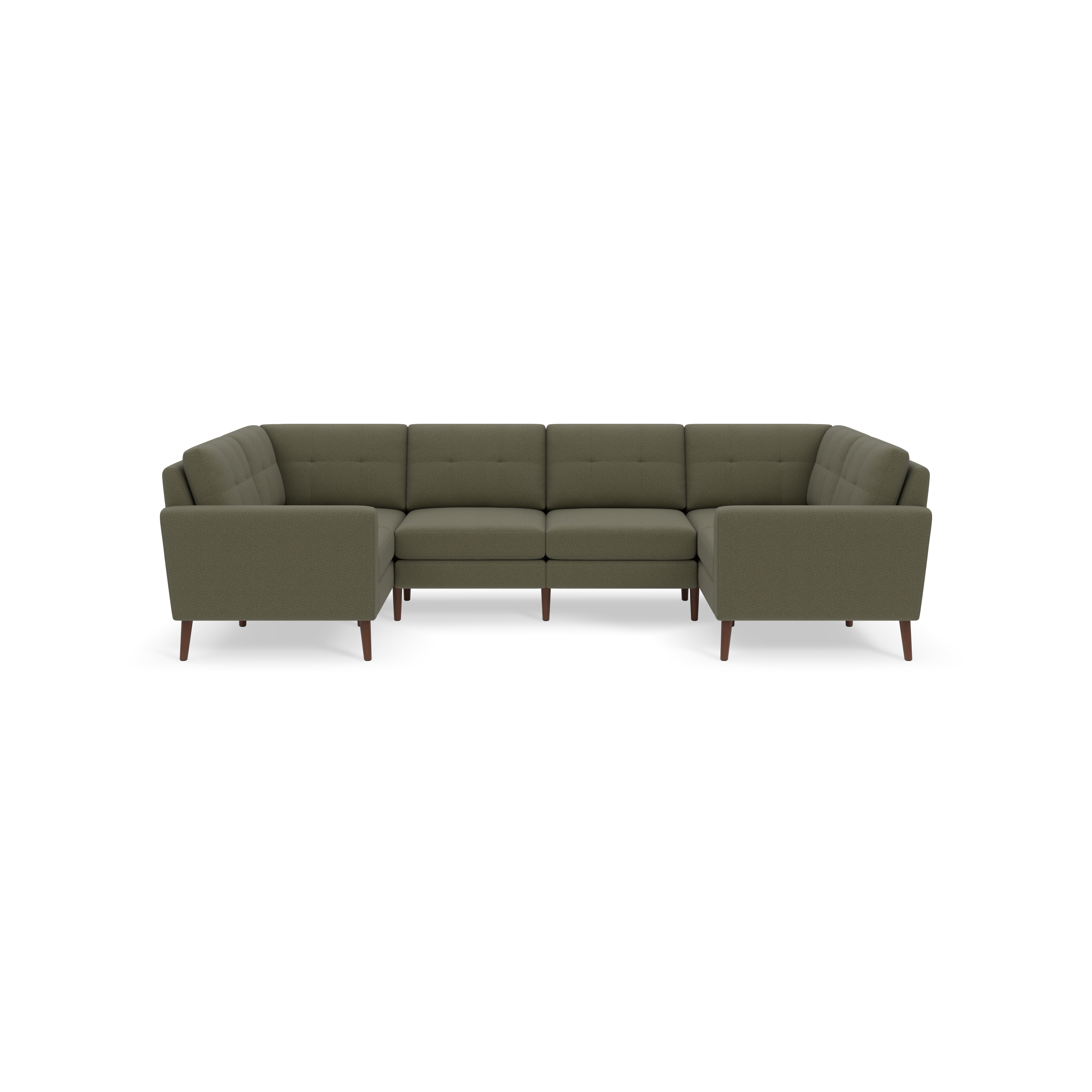 Modern Moss green sectional sofa with tufted cushions, wooden legs, and a spacious L-shaped design, isolated on black background.