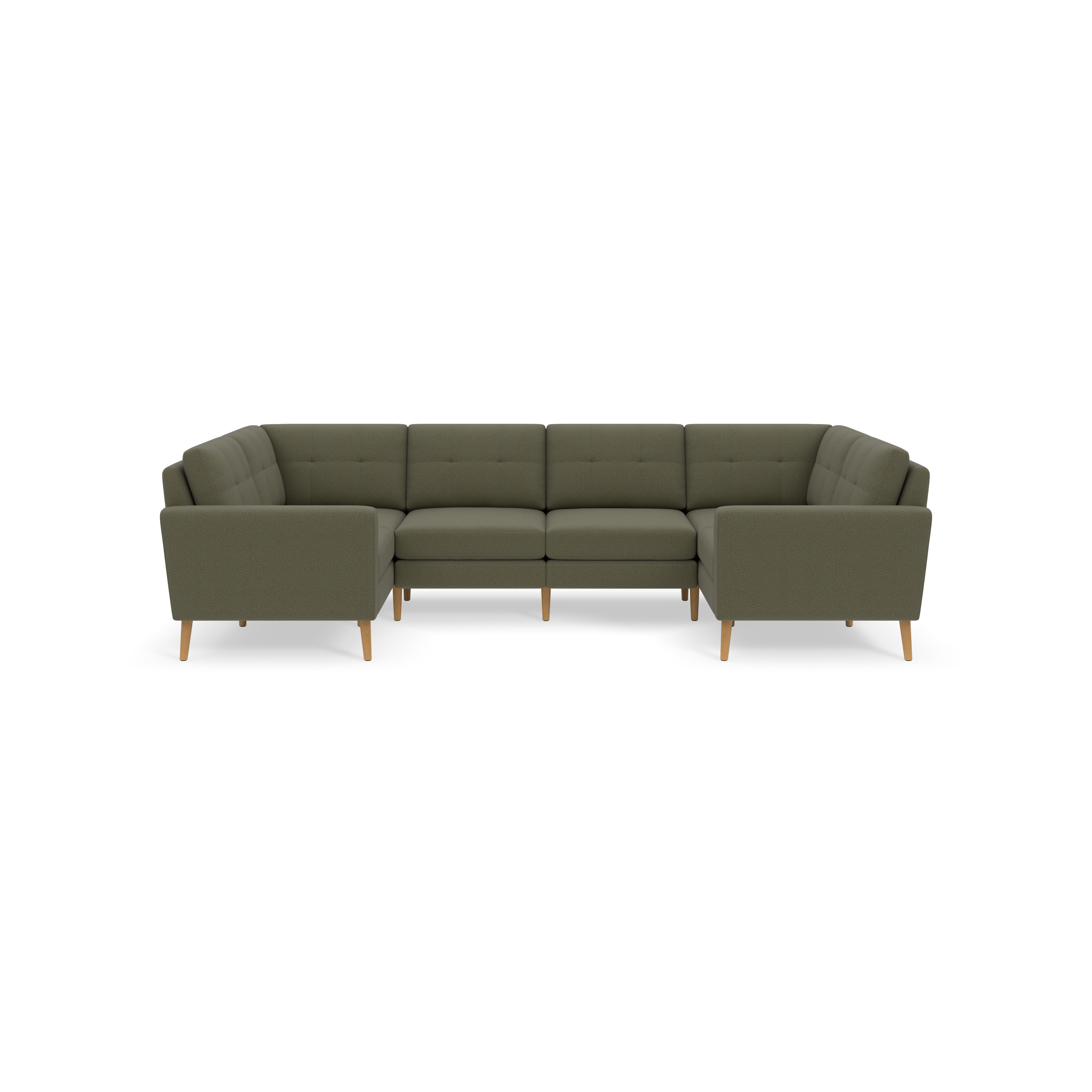 Large Moss green sectional sofa with tufted back cushions and wooden tapered legs, arranged in a U-shape against a black background.