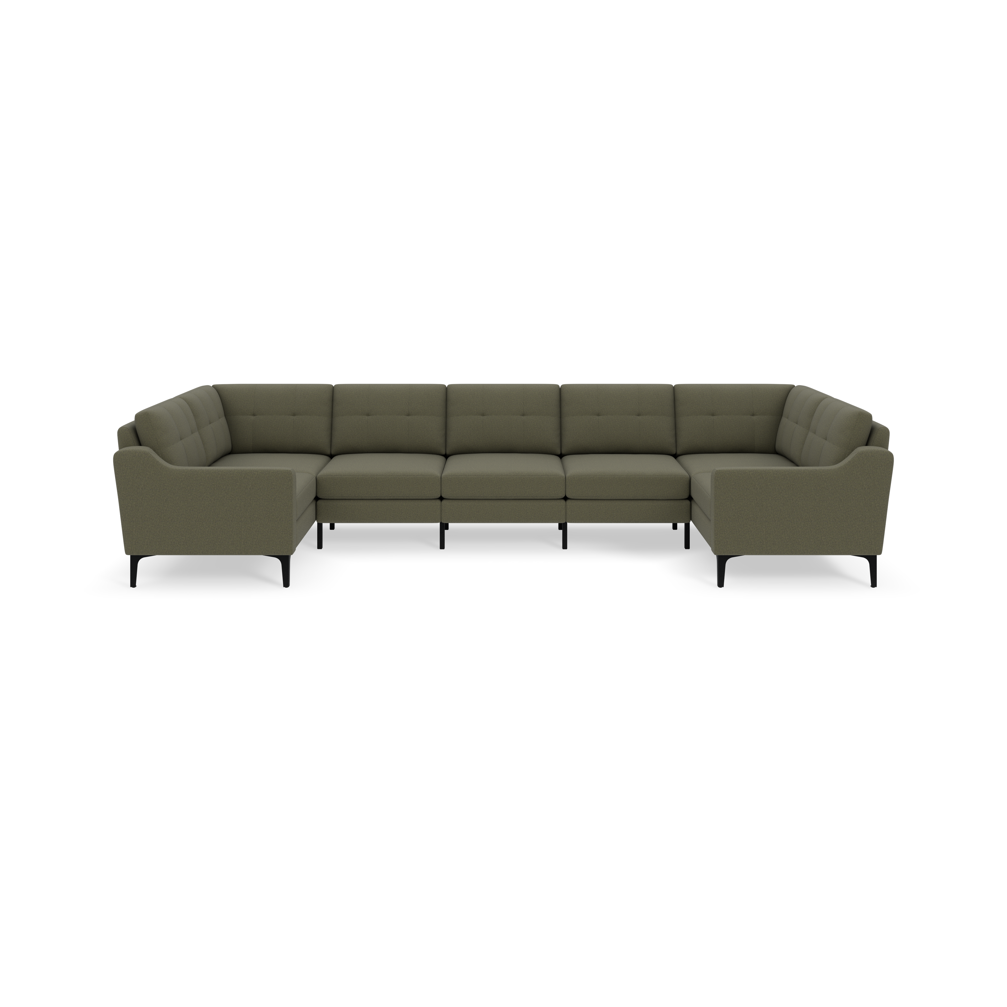 Large sectional sofa in Moss green fabric with tufted cushions and black metal legs, designed for spacious living rooms.