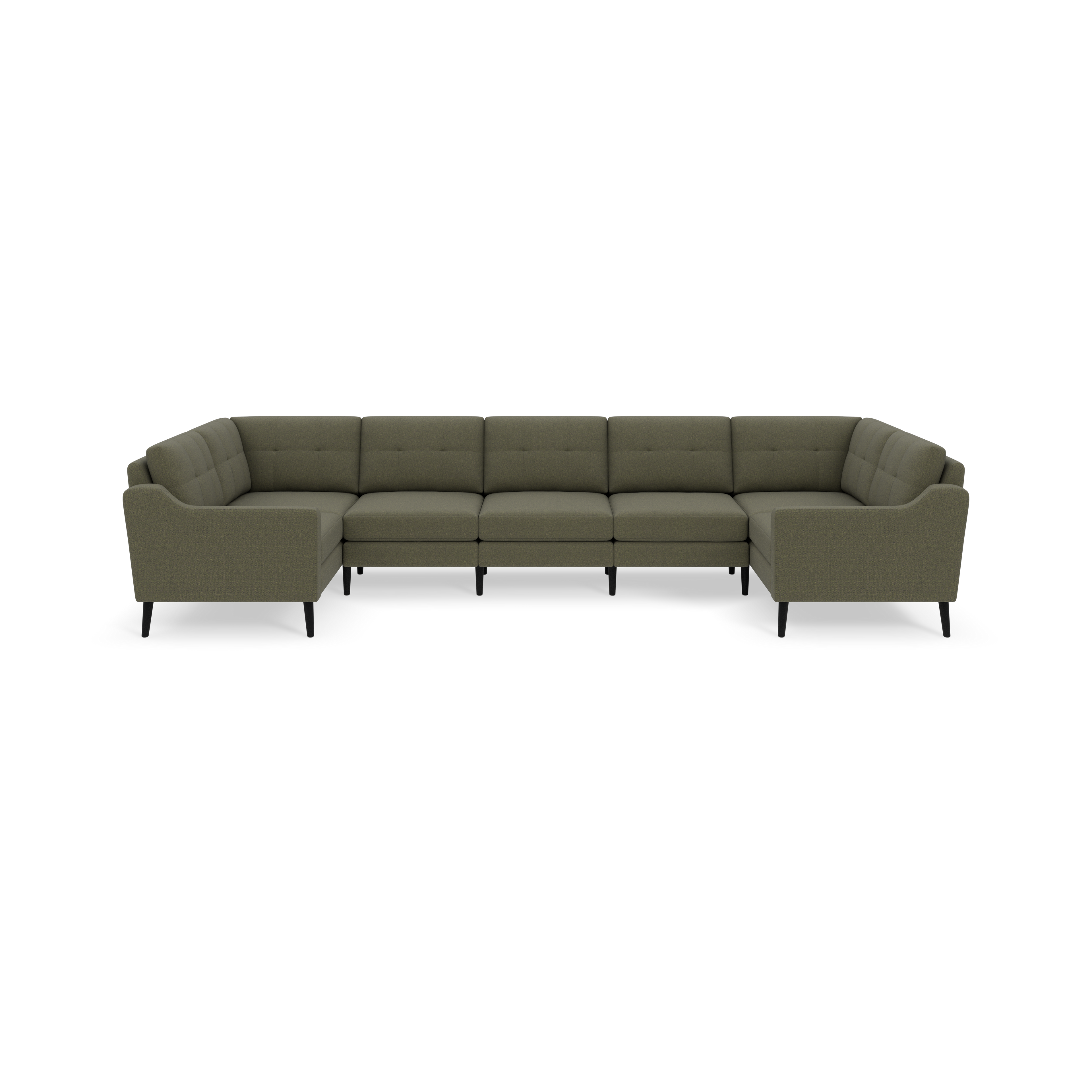 Large Moss green U-shaped sectional sofa with tufted back cushions and slender black legs against black background.