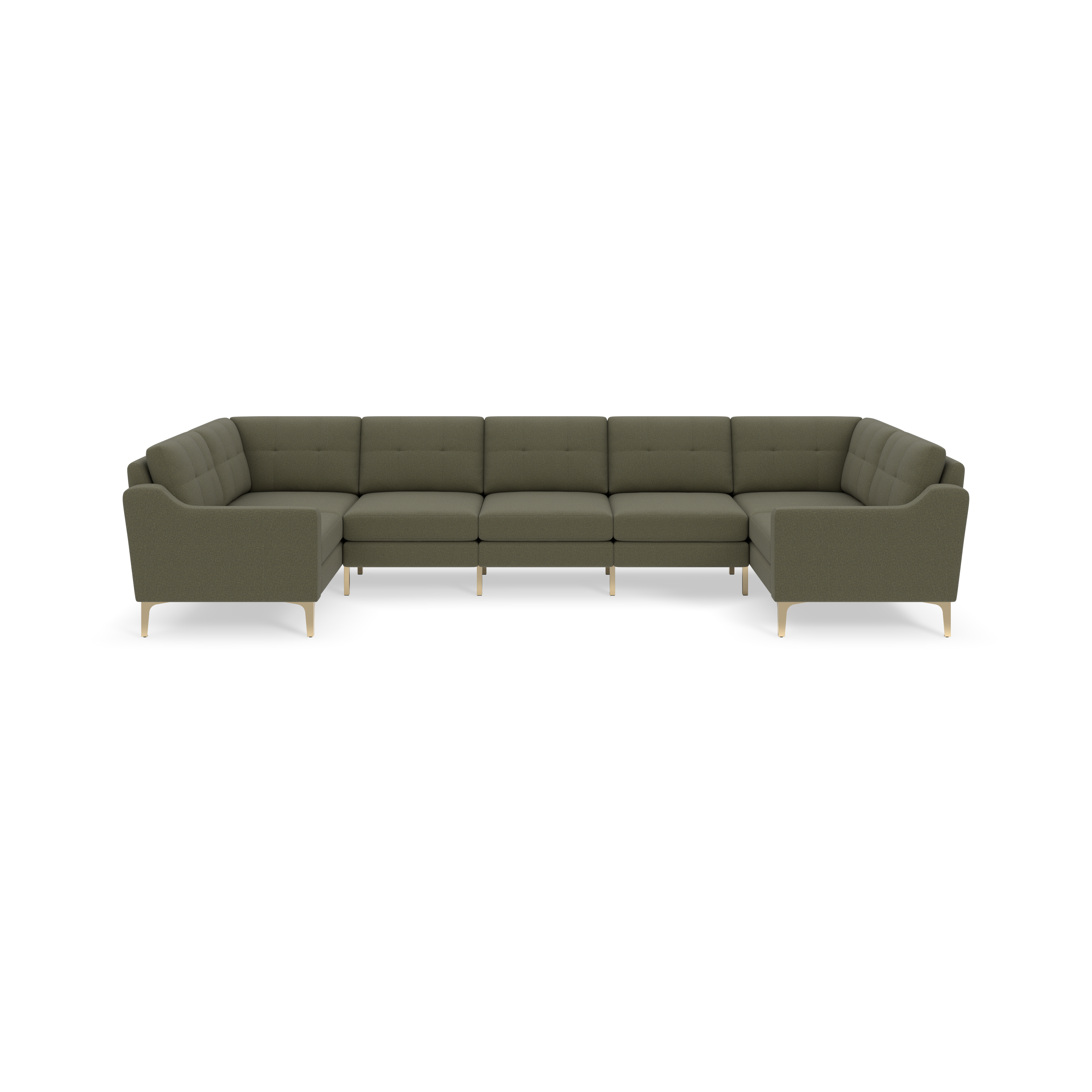 Large U-shaped sectional sofa in muted Moss green fabric with tufted cushions and light wooden legs on black background.