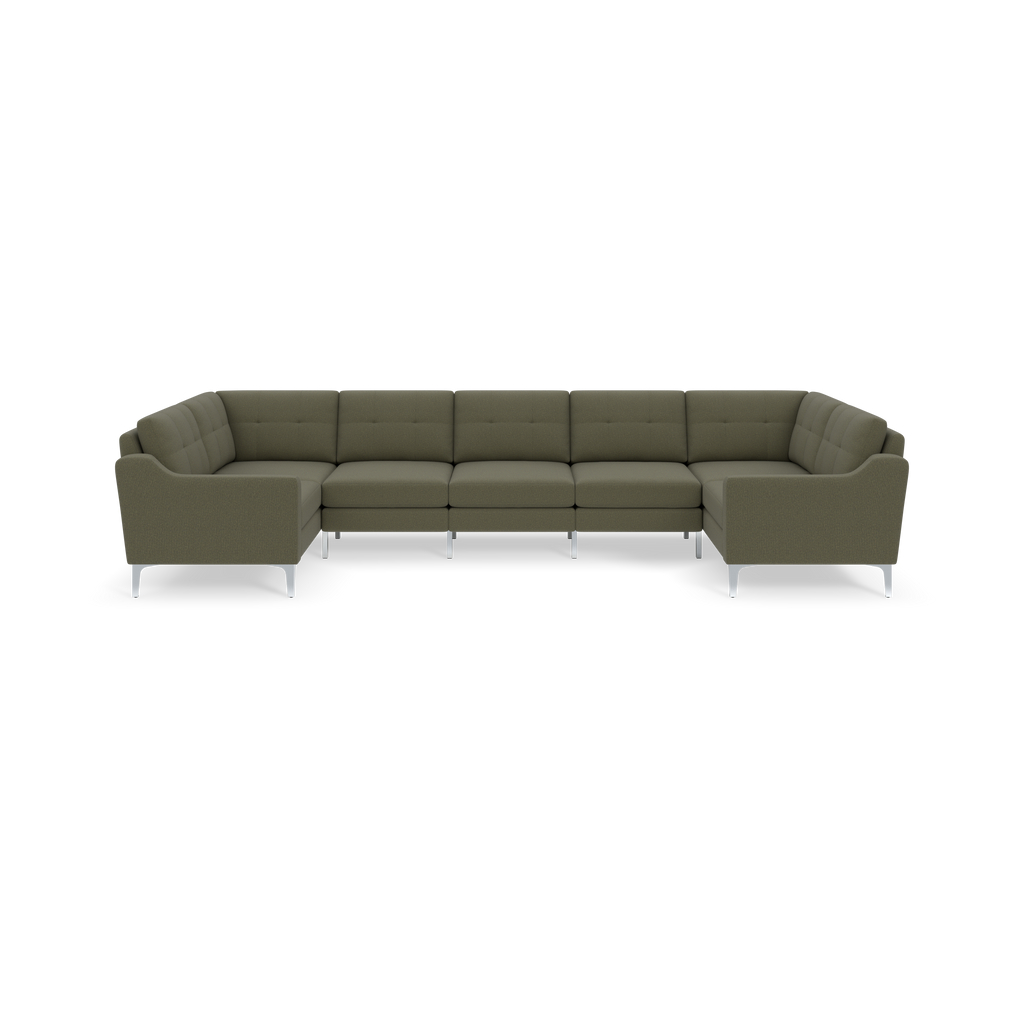 Large modular Moss green fabric sectional sofa with tufted back cushions and sleek silver metal legs, designed for spacious seating.