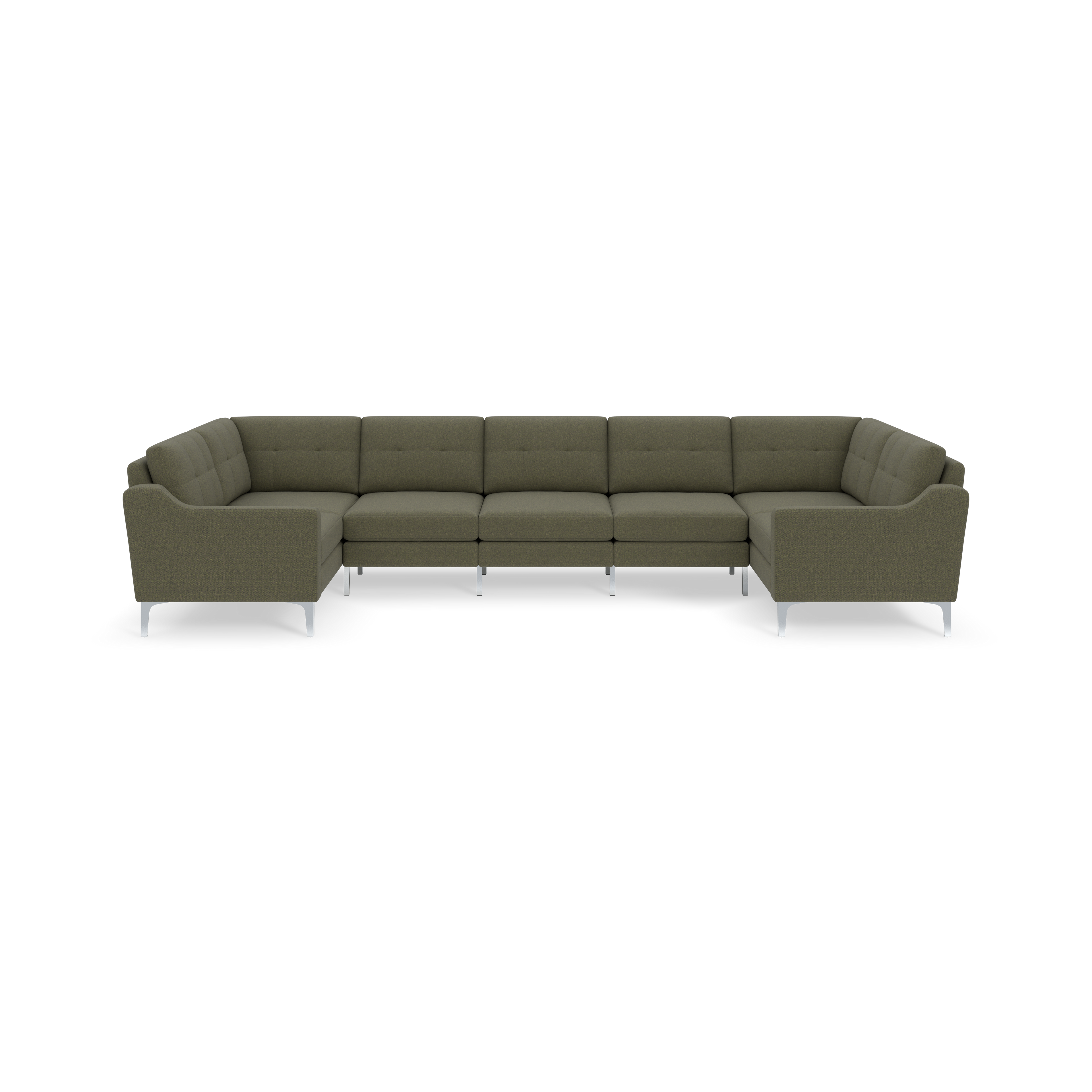 Large modular Moss green fabric sectional sofa with tufted back cushions and sleek silver metal legs, designed for spacious seating.