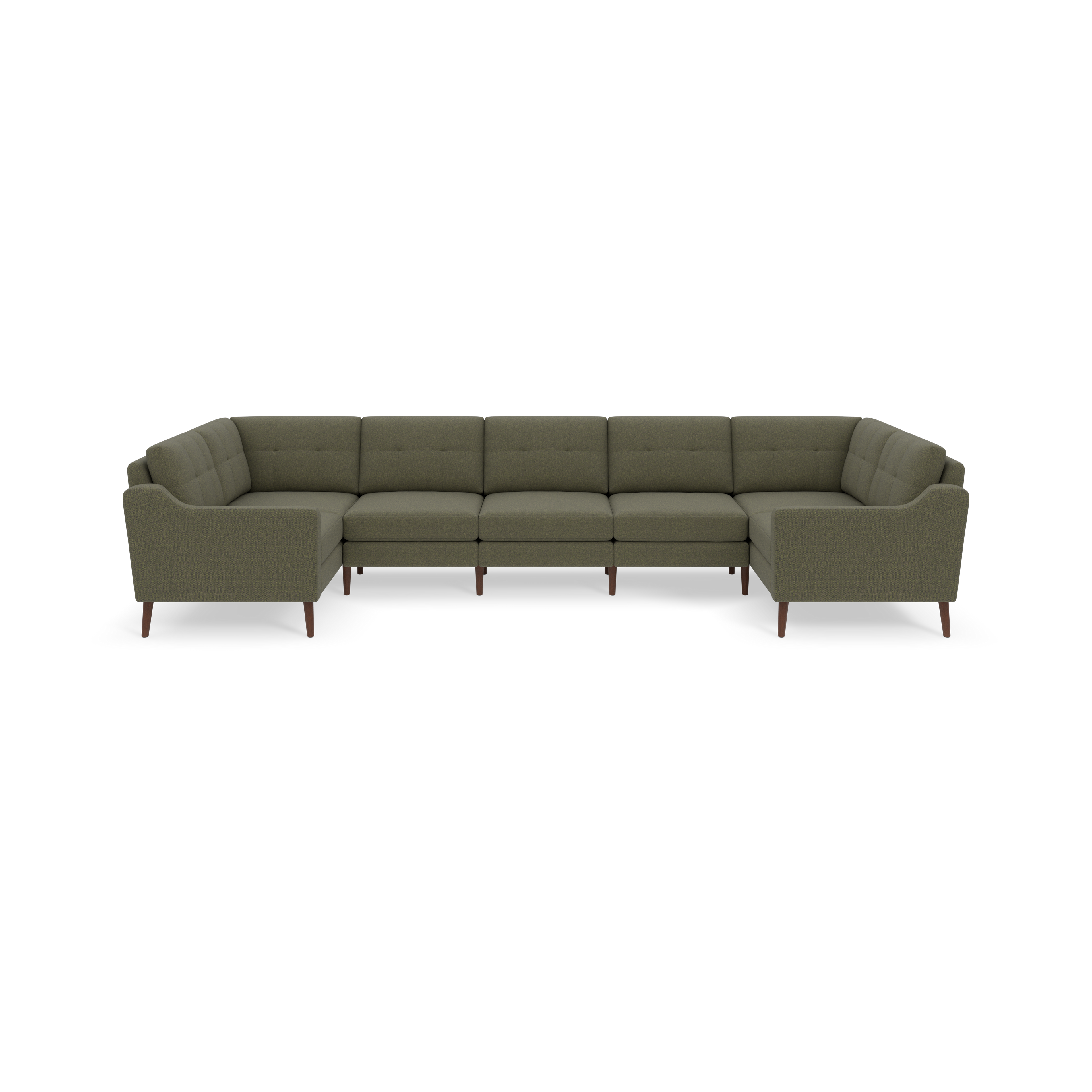 Large U-shaped sectional sofa with Moss green fabric upholstery, tufted back cushions, and wooden legs.