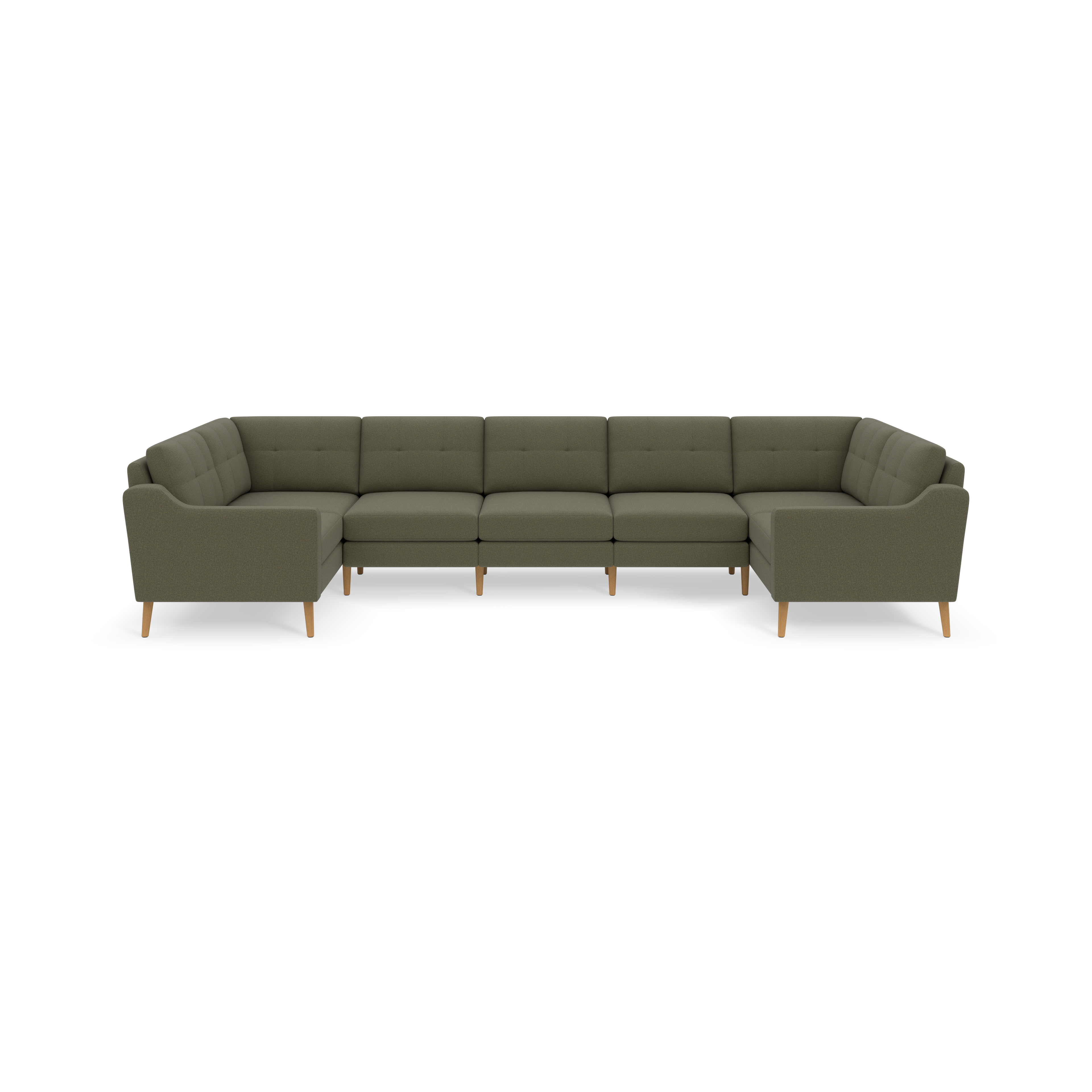 Large U-shaped sectional sofa in muted Moss green fabric with tufted back cushions and light wooden legs.